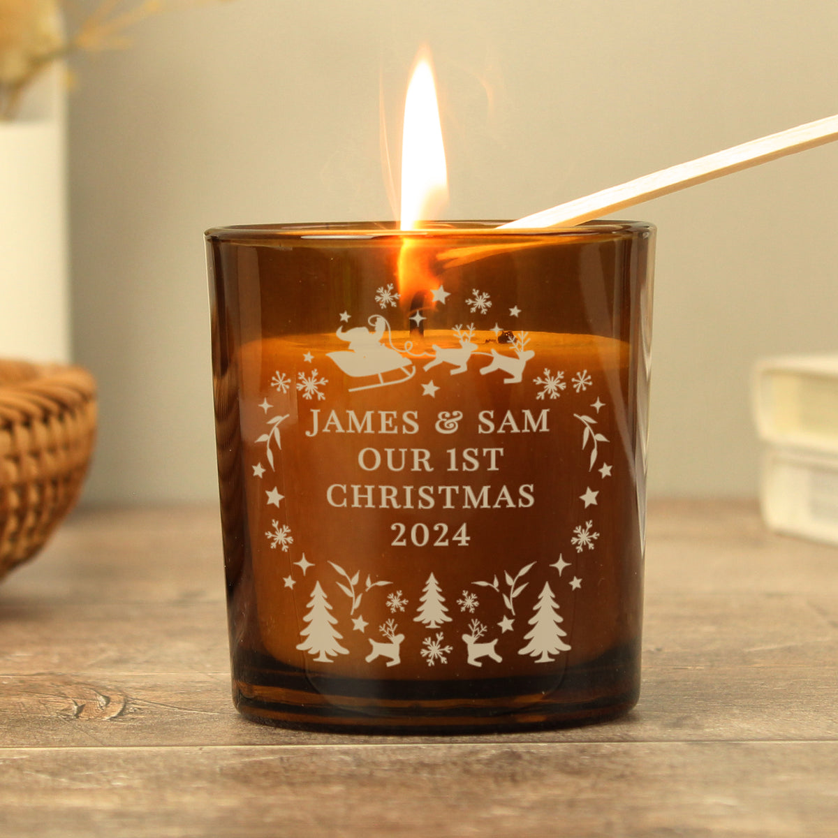 Personalised Amber Glass Vanilla Candle Jar | Custom Christmas Gift - Artfully Curated Creations and identify whats in the image