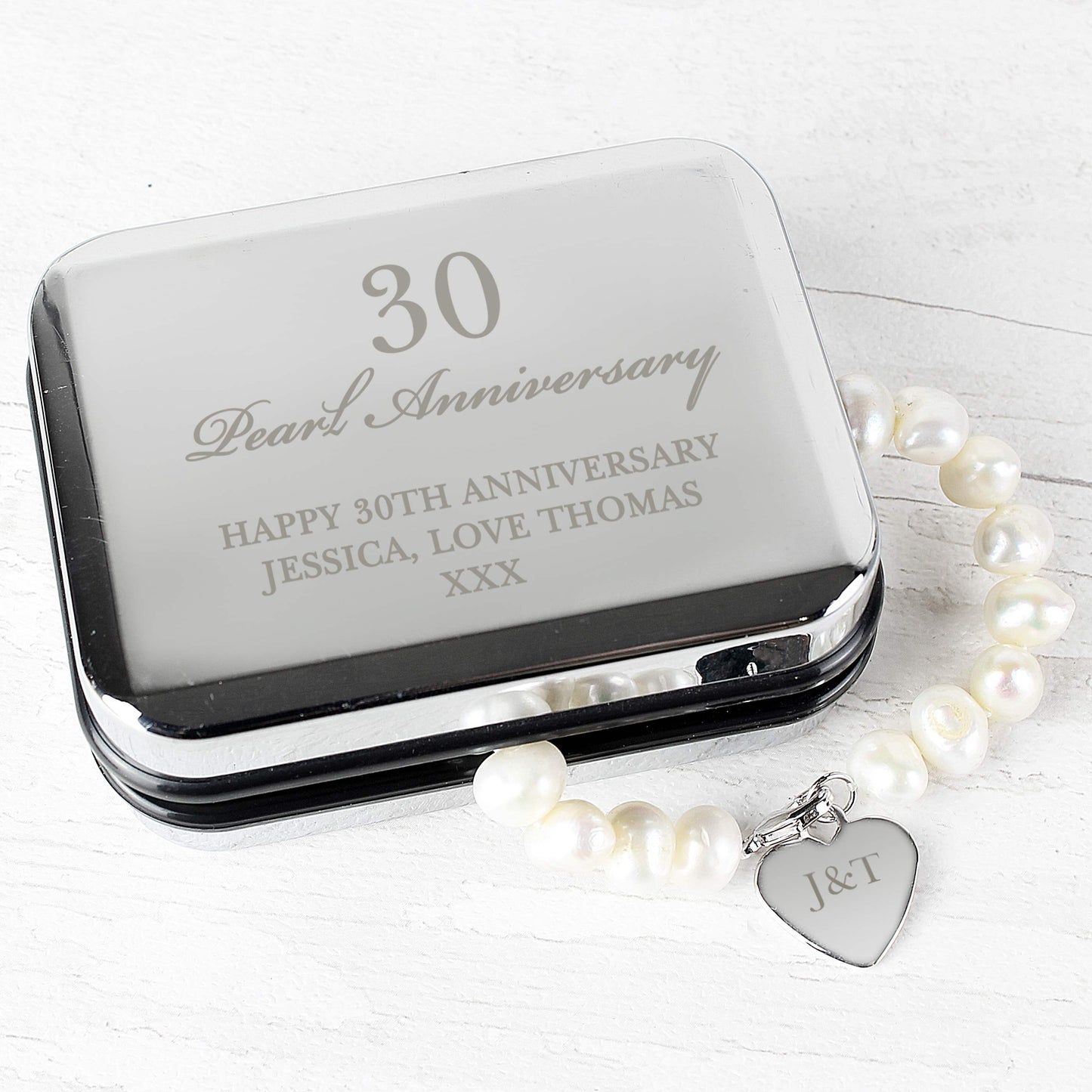 Personalised Pearl Bracelet | Engraved Chrome Gift Box for Anniversaries & Special Occasions - Artfully Curated Creations and identify whats in the image