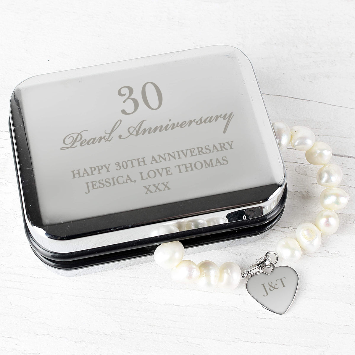 Personalised Pearl Bracelet | Engraved Chrome Gift Box for Anniversaries & Special Occasions - Artfully Curated Creations and identify whats in the image