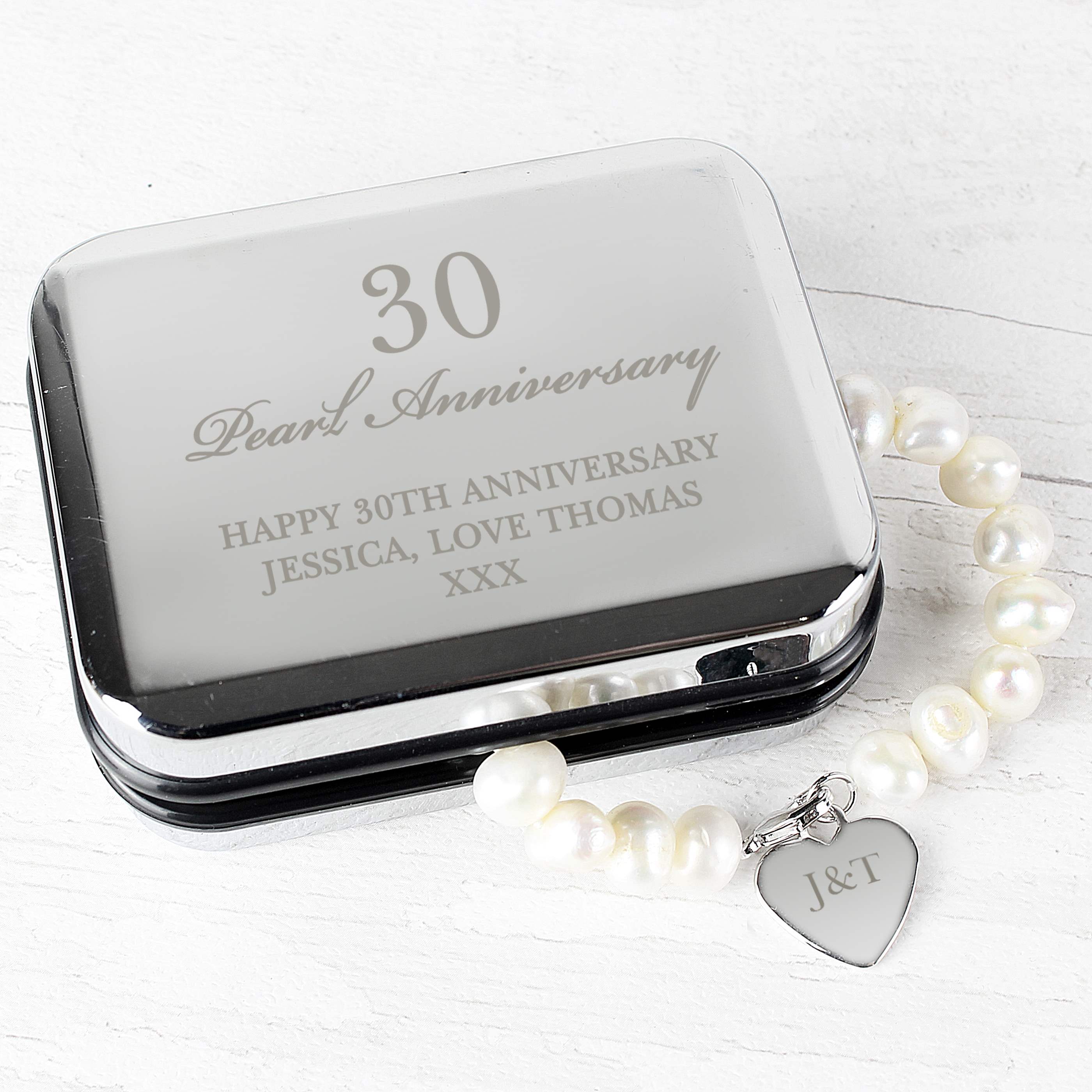 Personalised Pearl Bracelet | Engraved Chrome Gift Box for Anniversaries & Special Occasions