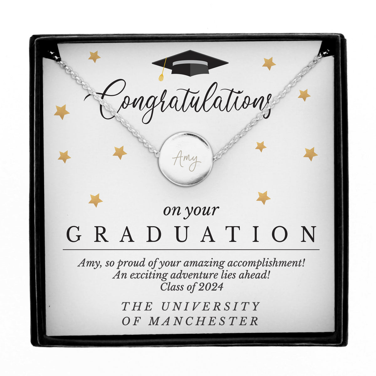 Personalised Graduation Necklace | Engraved Sentiment Card & Gift Box Keepsake - Artfully Curated Creations and identify whats in the image
