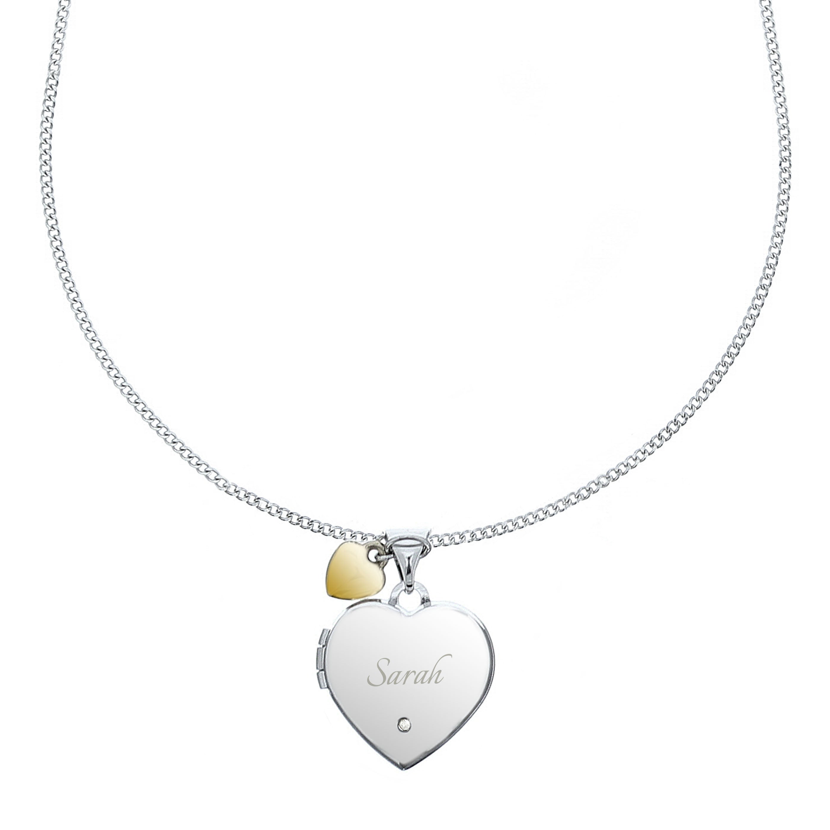 Personalised Sterling Silver & Gold Plated Diamond Heart Locket | Engraved Name & Photo Keepsake Necklace