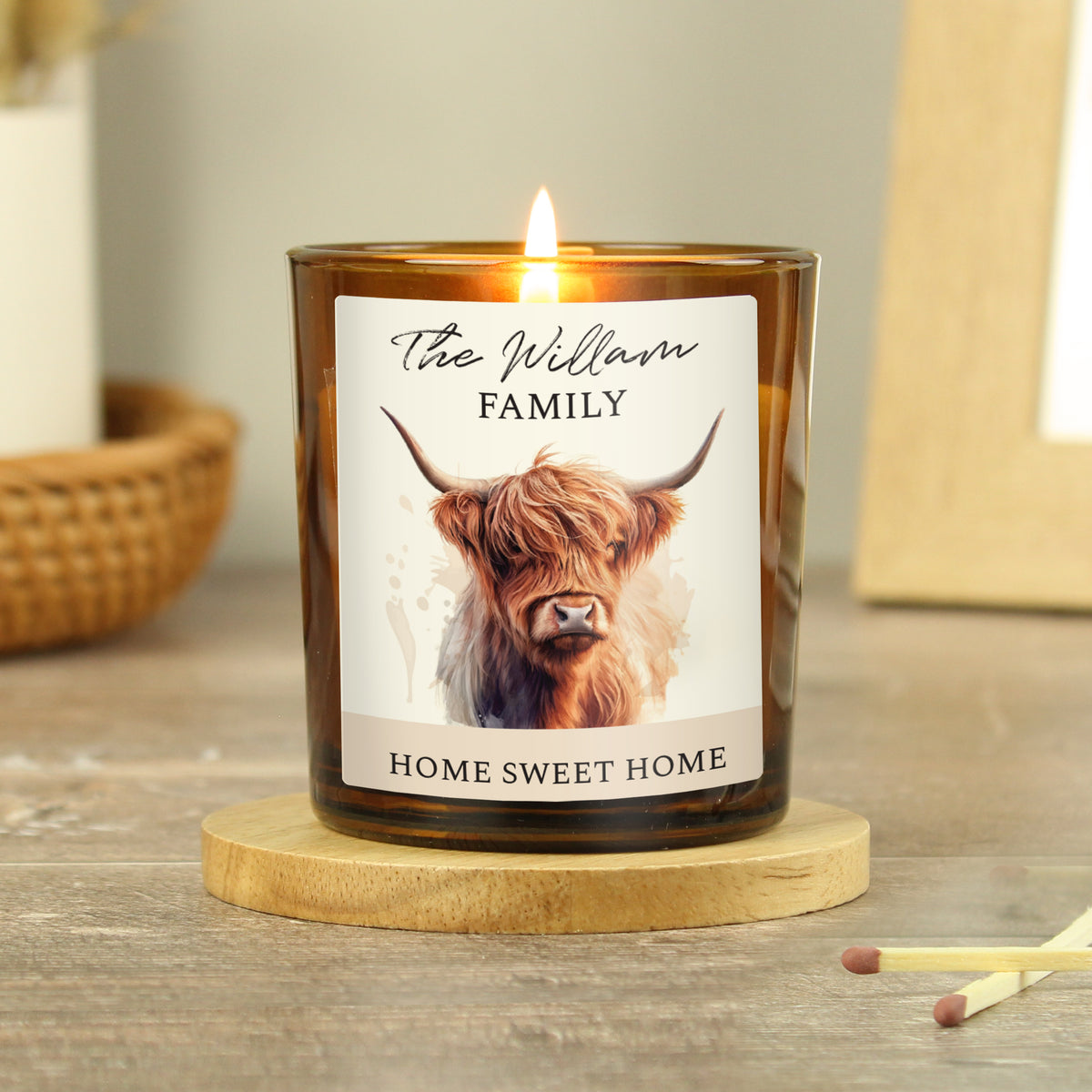 Personalised Highland Cow Amber Glass Vanilla Candle Jar | Custom Message Gift for Any Occasion - Artfully Curated Creations and identify whats in the image
