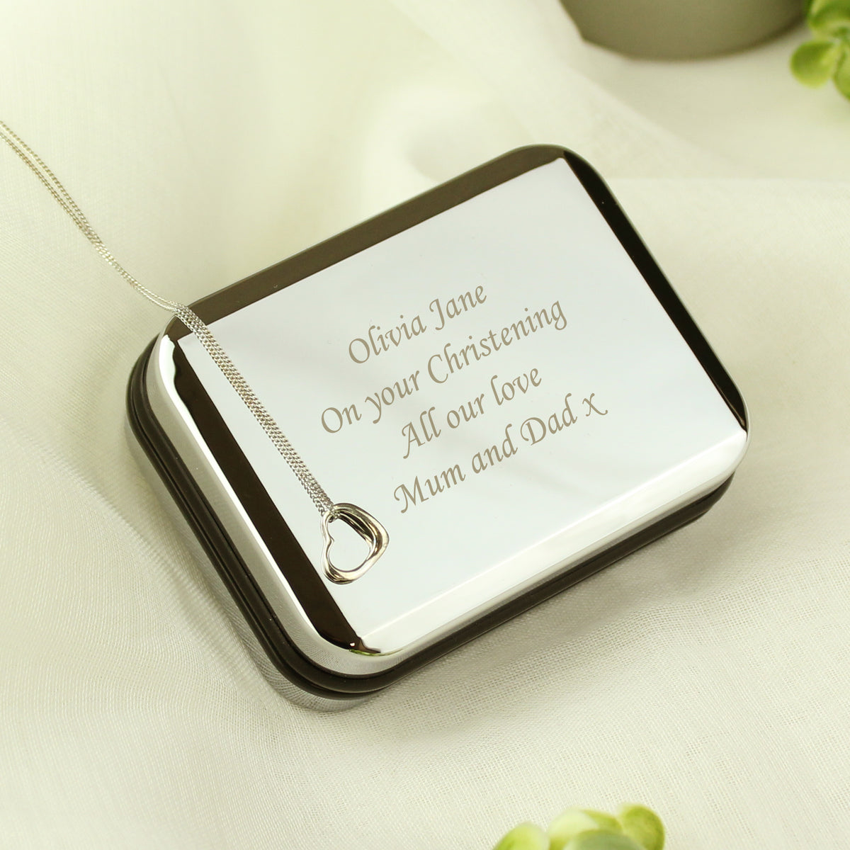 Personalised Sterling Silver Heart Necklace | Engraved Gift Box for Birthdays, Weddings & Mother’s Day - Artfully Curated Creations and identify whats in the image