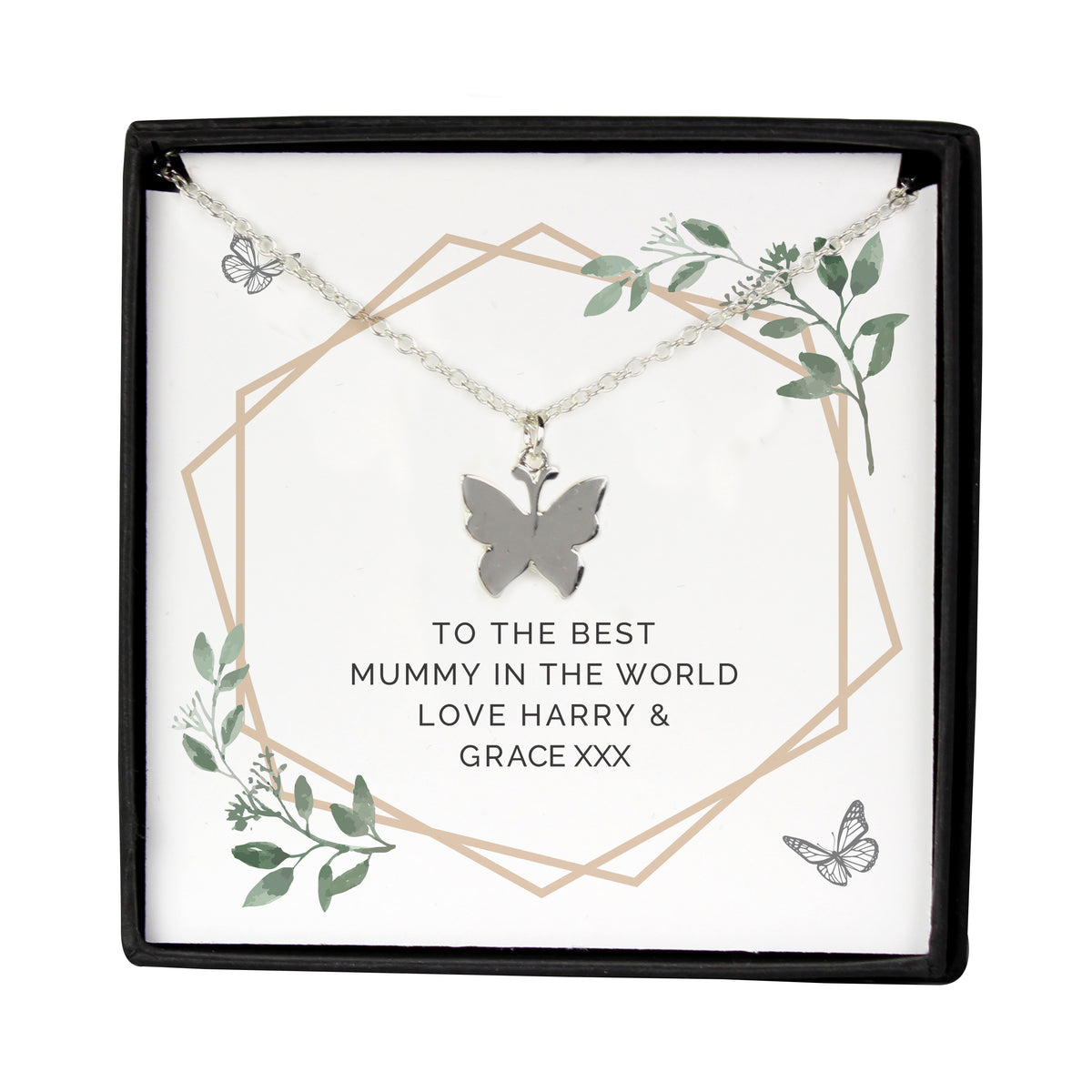 Personalised Butterfly Necklace | Engraved Sentiment Card & Gift Box for Any Occasion - Artfully Curated Creations and identify whats in the image
