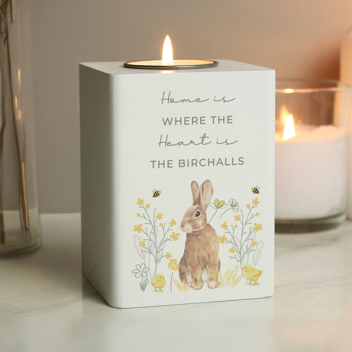Personalised Spring Bunny Tealight Holder | Custom Wooden Spring Gift - Artfully Curated Creations and identify whats in the image