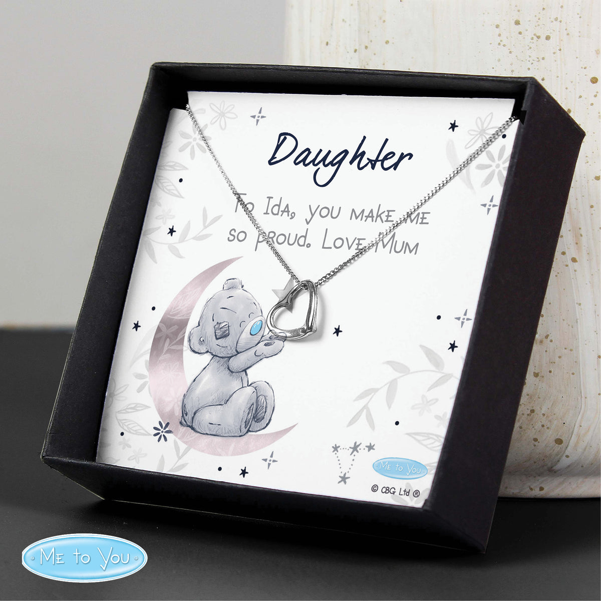 Personalised Me To You Moon & Stars Necklace | Engraved Gift Box for Birthdays & Mother’s Day - Artfully Curated Creations and identify whats in the image