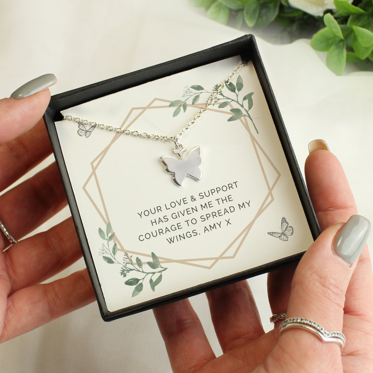 Personalised Butterfly Necklace | Engraved Sentiment Card & Gift Box for Any Occasion - Artfully Curated Creations and identify whats in the image