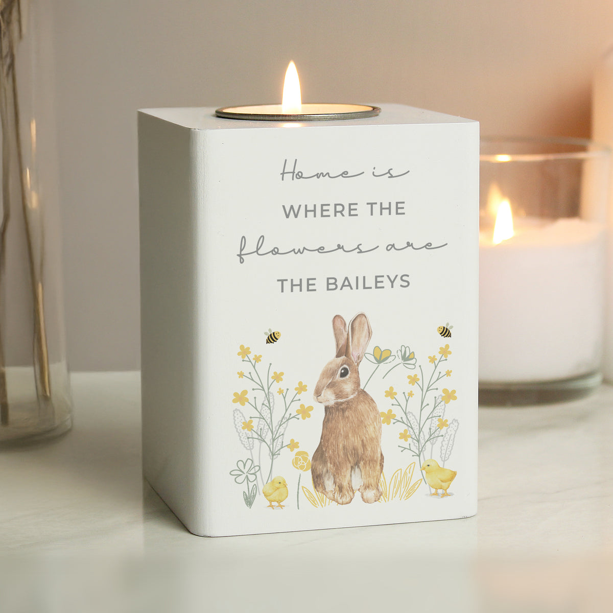 Personalised Spring Bunny Tealight Holder | Custom Wooden Spring Gift - Artfully Curated Creations and identify whats in the image