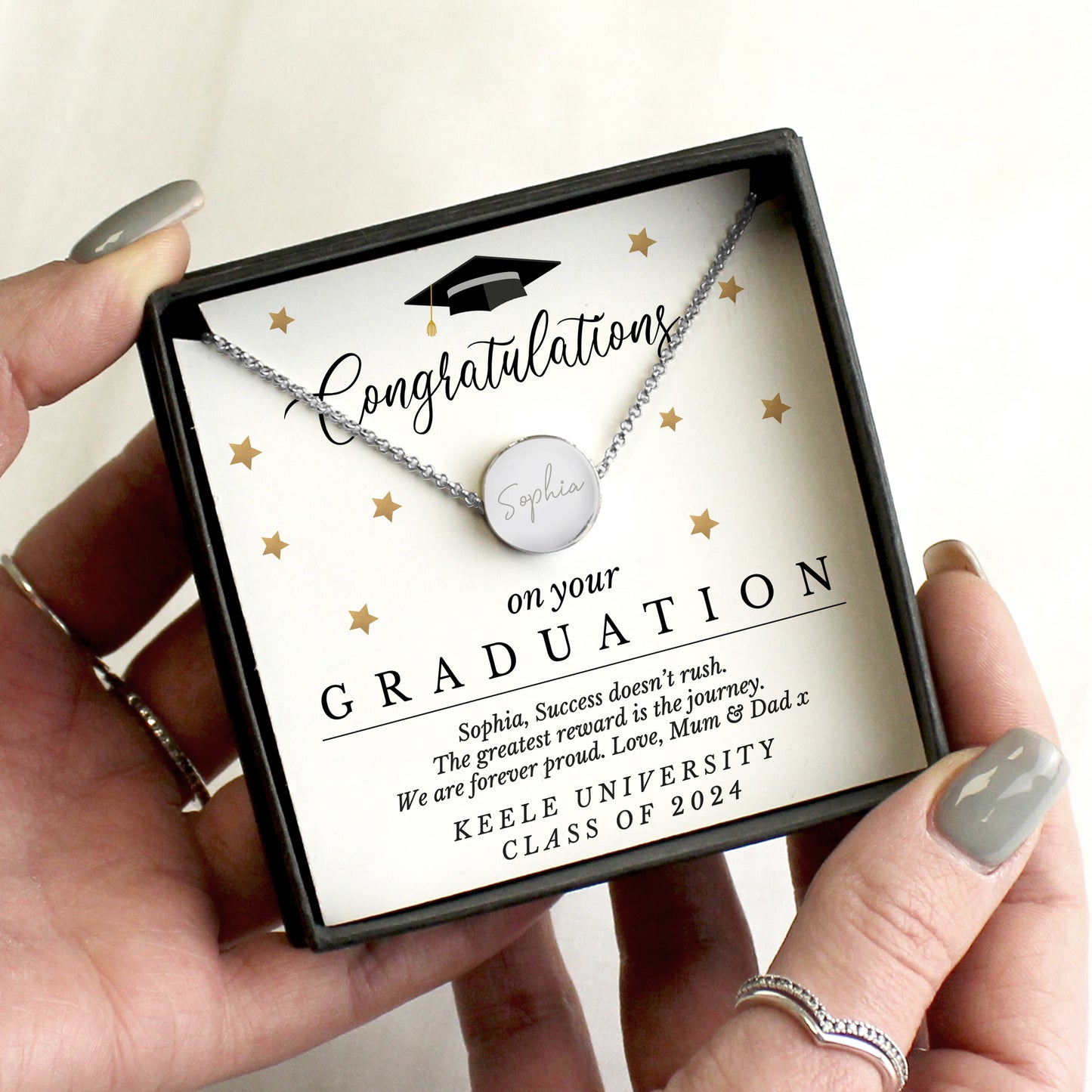 Personalised Graduation Necklace | Engraved Sentiment Card & Gift Box Keepsake - Artfully Curated Creations and identify whats in the image