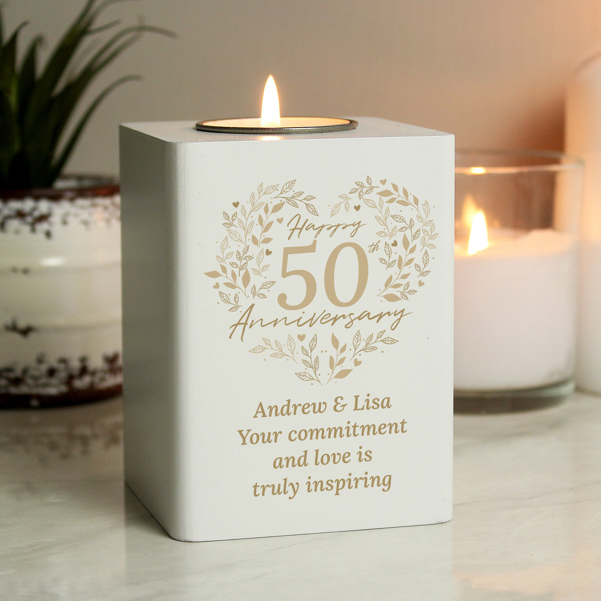 Personalised 50th Anniversary Tealight Holder | Golden Anniversary Keepsake - Artfully Curated Creations and identify whats in the image