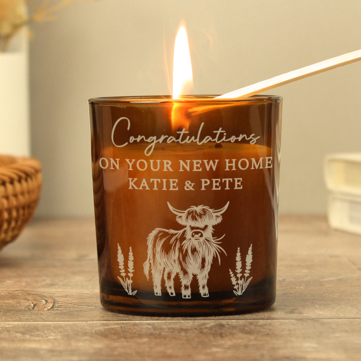 Highland Cow Personalised Amber Glass Vanilla Candle Jar | Custom Message Gift for Any Occasion - Artfully Curated Creations and identify whats in the image