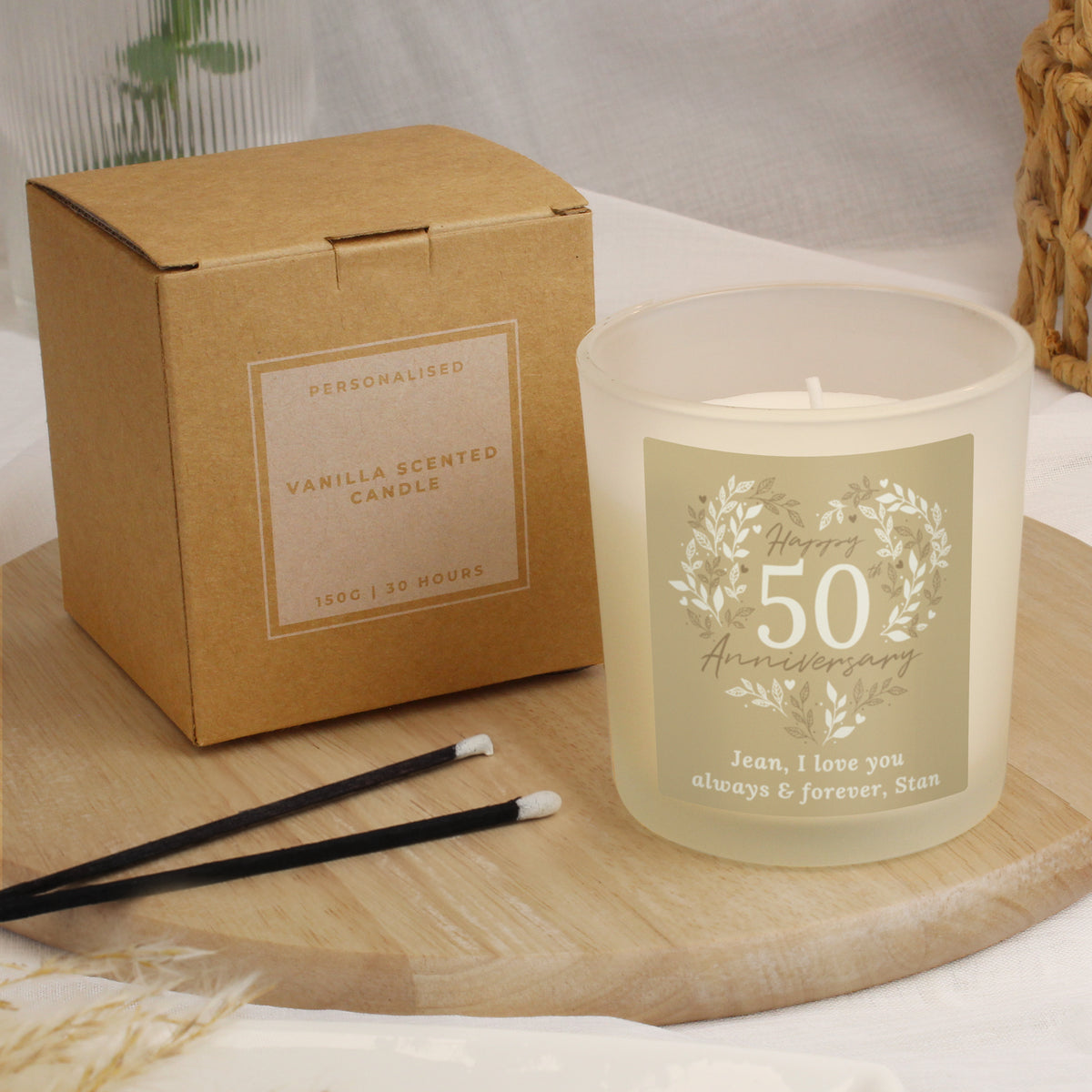 Personalised 50th Anniversary Vanilla Candle Jar | Golden Anniversary Keepsake - Artfully Curated Creations and identify whats in the image