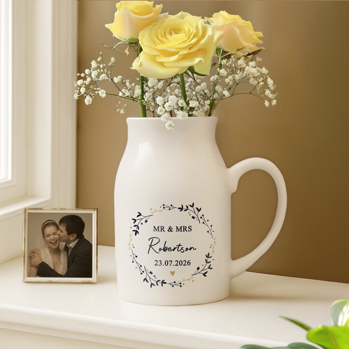 Personalised Floral Wreath Jug Vase | A Stylish Decorative Keepsake for Any Home - Artfully Curated Creations and identify whats in the image