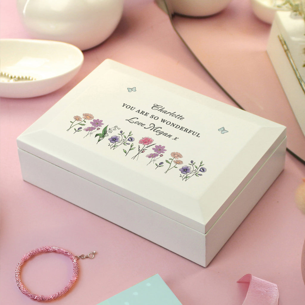 Personalised Wildflower White Wooden Jewellery Box | A Beautiful Keepsake for Cherished Treasures