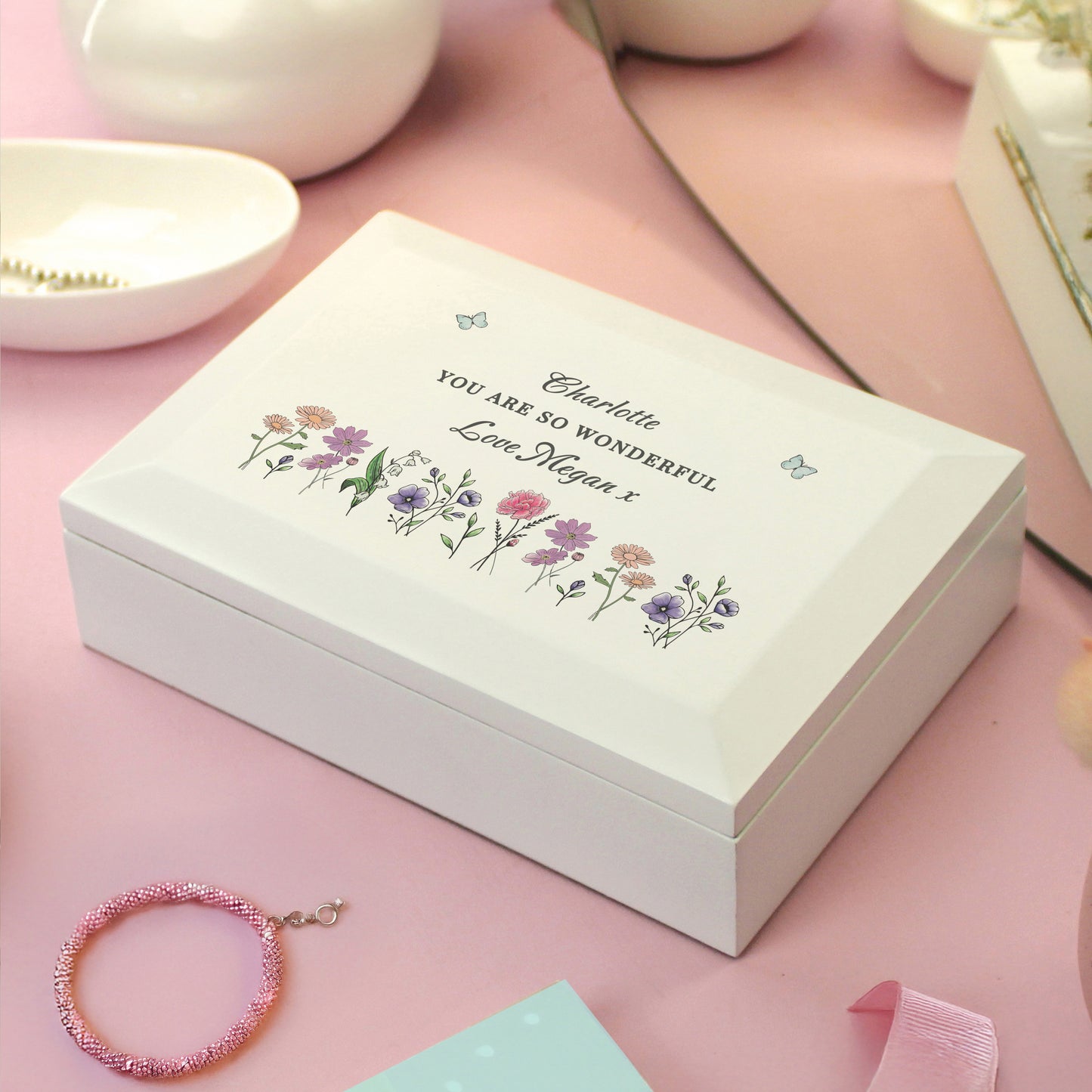 Personalised Wildflower White Wooden Jewellery Box | A Beautiful Keepsake for Cherished Treasures - Artfully Curated Creations and identify whats in the image
