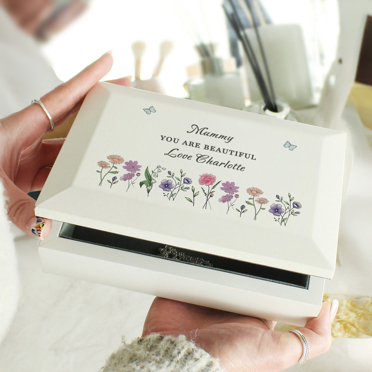 Personalised Wildflower White Wooden Jewellery Box | A Beautiful Keepsake for Cherished Treasures - Artfully Curated Creations and identify whats in the image