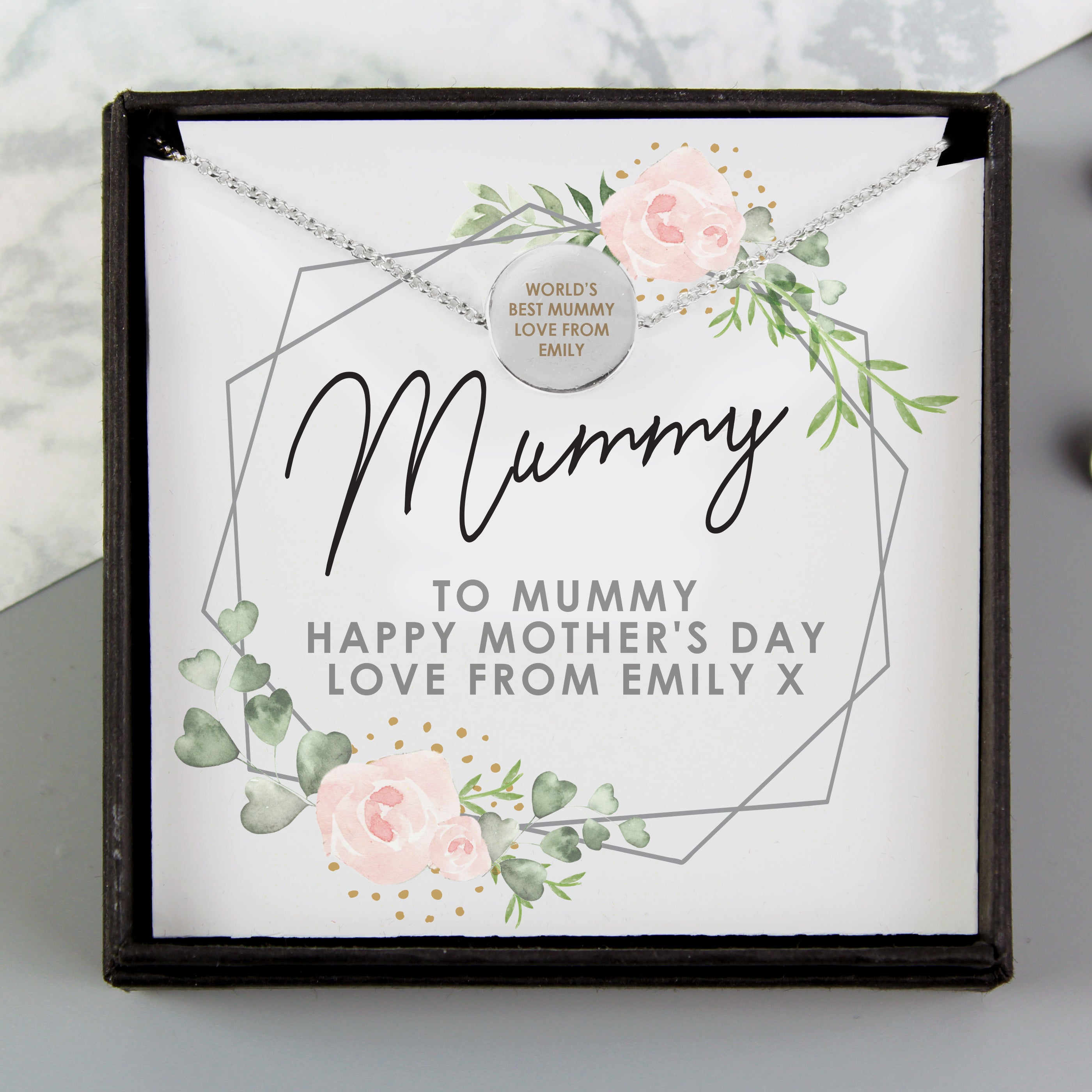 Personalised Abstract Silver Tone Necklace | Engraved Pendant & Sentiment Card Gift Box