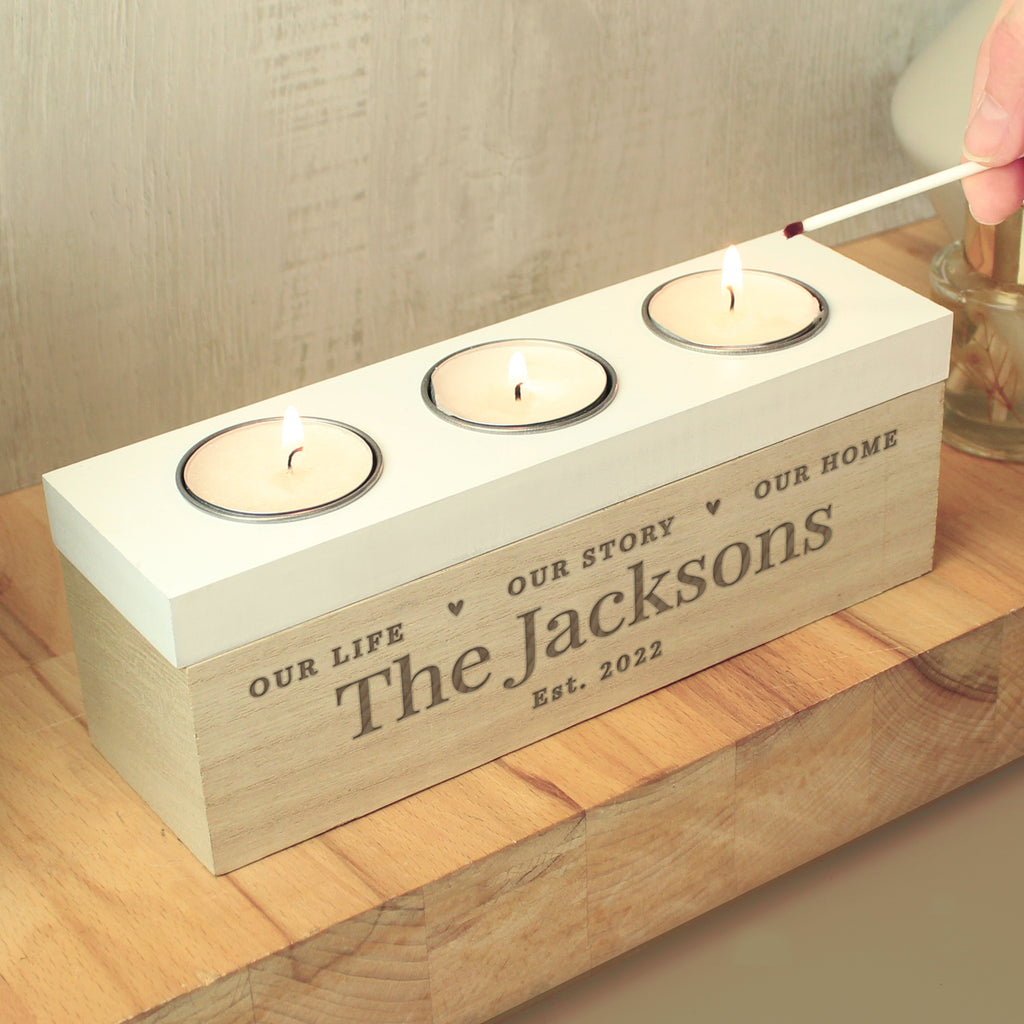 Personalised Wooden Triple Tealight Holder | A Heartfelt Keepsake for Any Home
