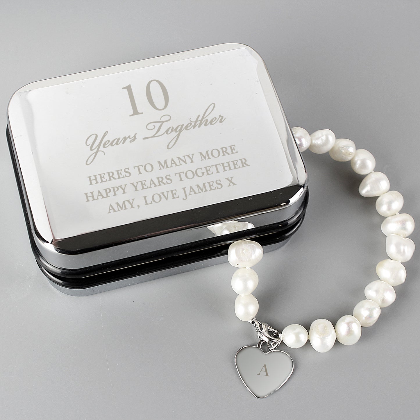 Personalised Pearl Bracelet | Engraved Chrome Gift Box for Anniversaries & Special Occasions - Artfully Curated Creations and identify whats in the image