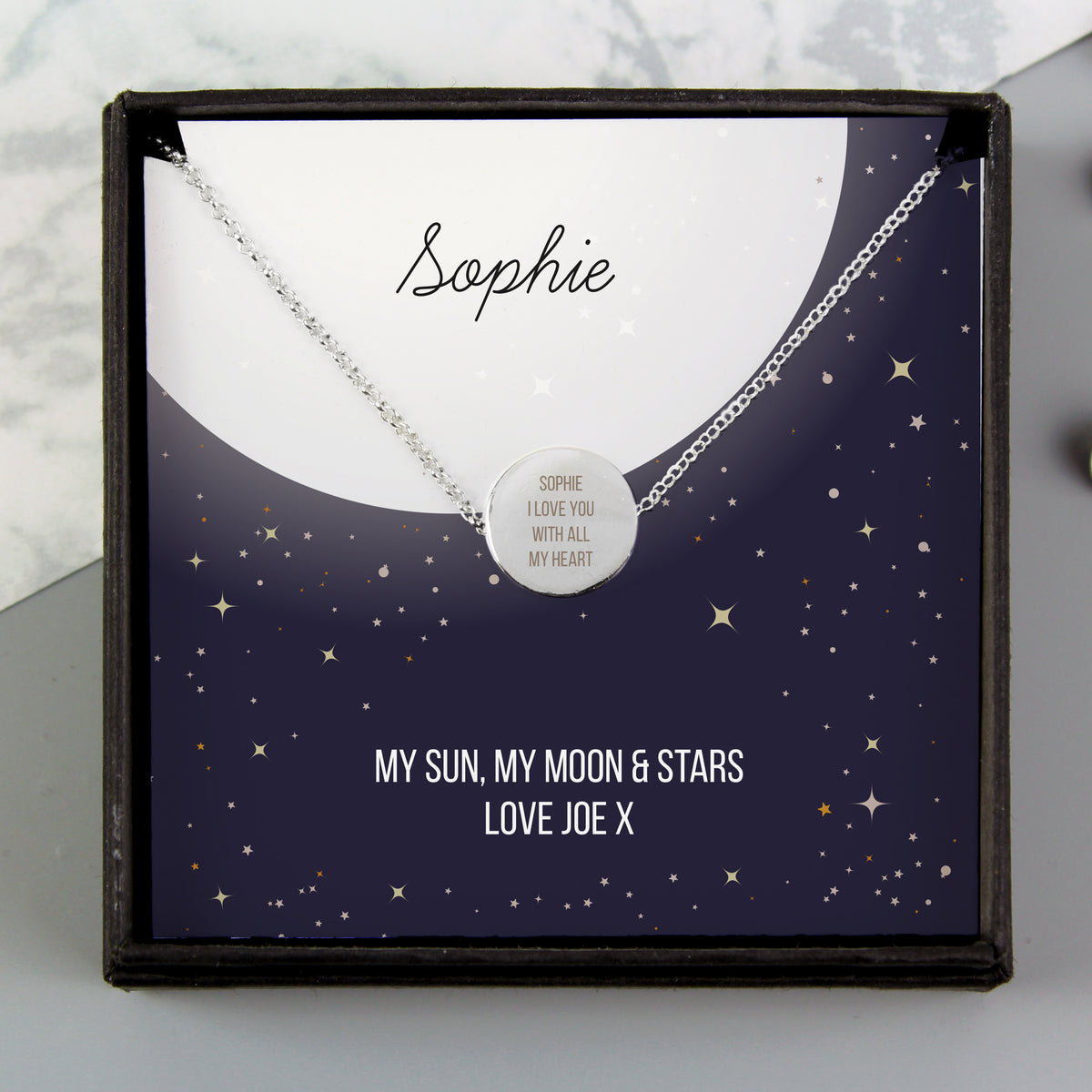 Personalised Silver Tone Necklace | Engraved Pendant & Keepsake Sentiment Card Gift Box - Artfully Curated Creations and identify whats in the image