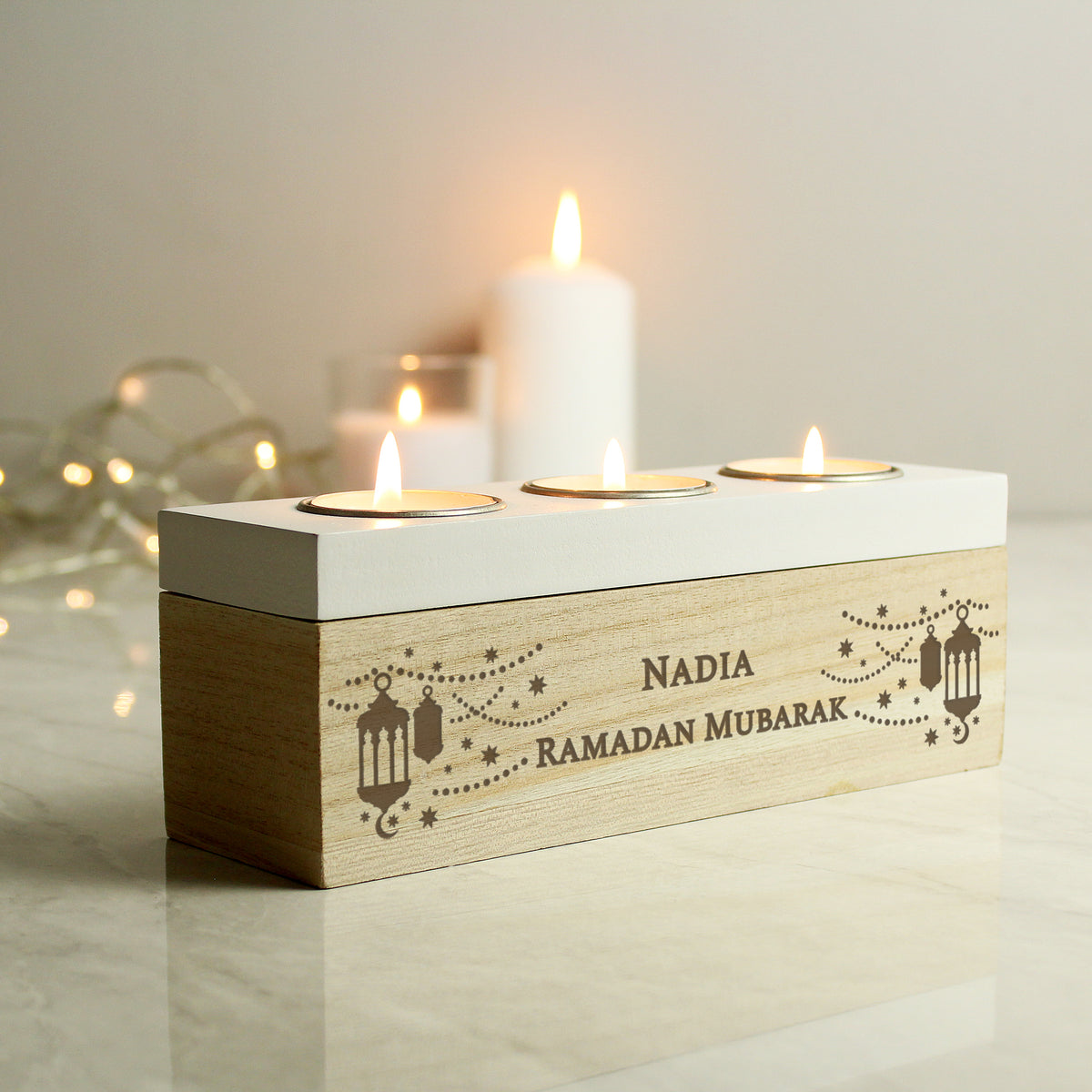 Personalised Triple Tealight Holder | Ramadan & Eid Gift - Artfully Curated Creations and identify whats in the image