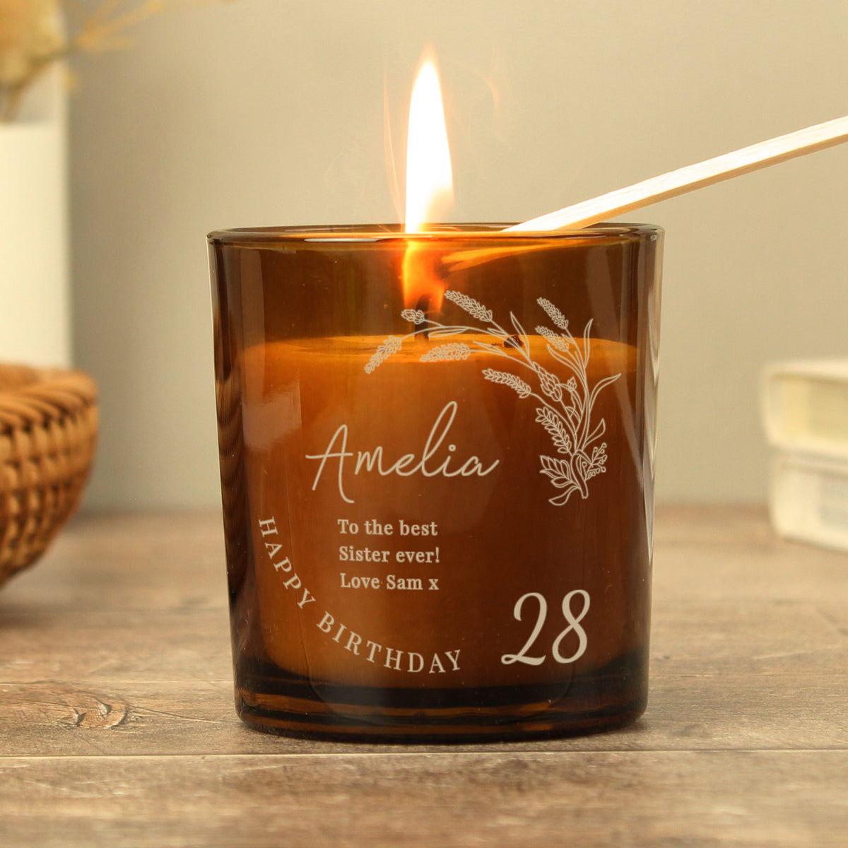 Personalised Amber Glass Vanilla Candle Jar | Birthday Keepsake Gift - Artfully Curated Creations and identify whats in the image