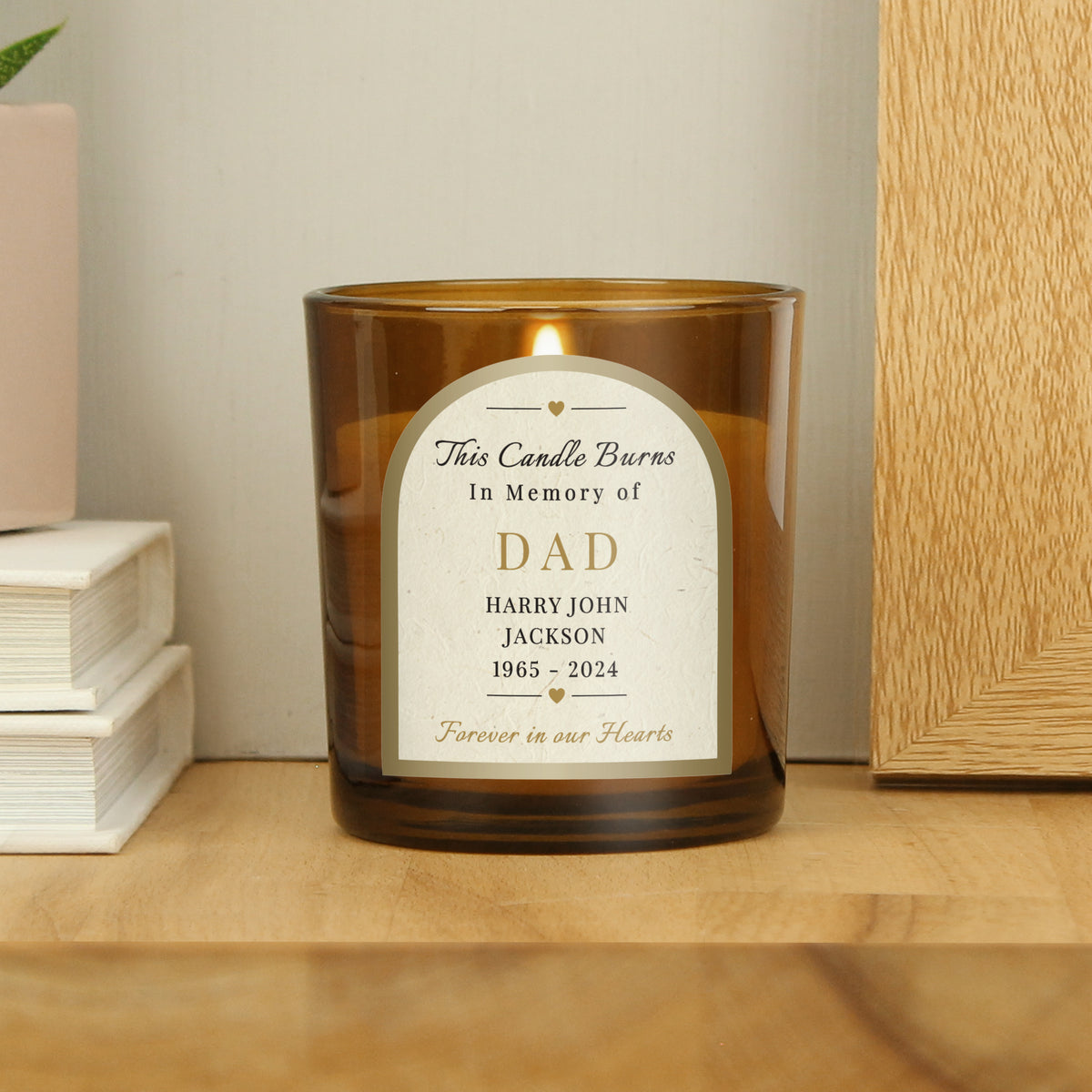 Personalised In Loving Memory Amber Glass Candle | A Comforting Memorial Keepsake - Artfully Curated Creations and identify whats in the image