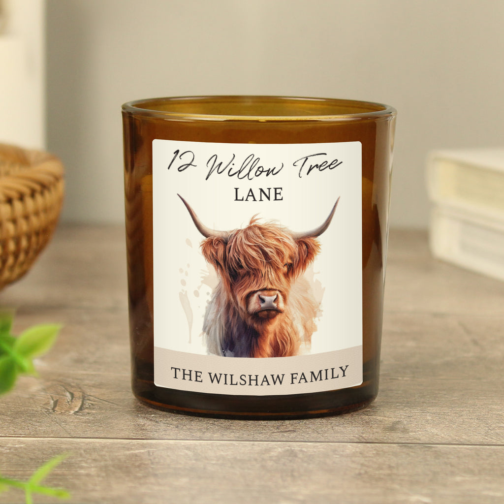 Personalised Highland Cow Amber Glass Vanilla Candle Jar | Custom Message Gift for Any Occasion