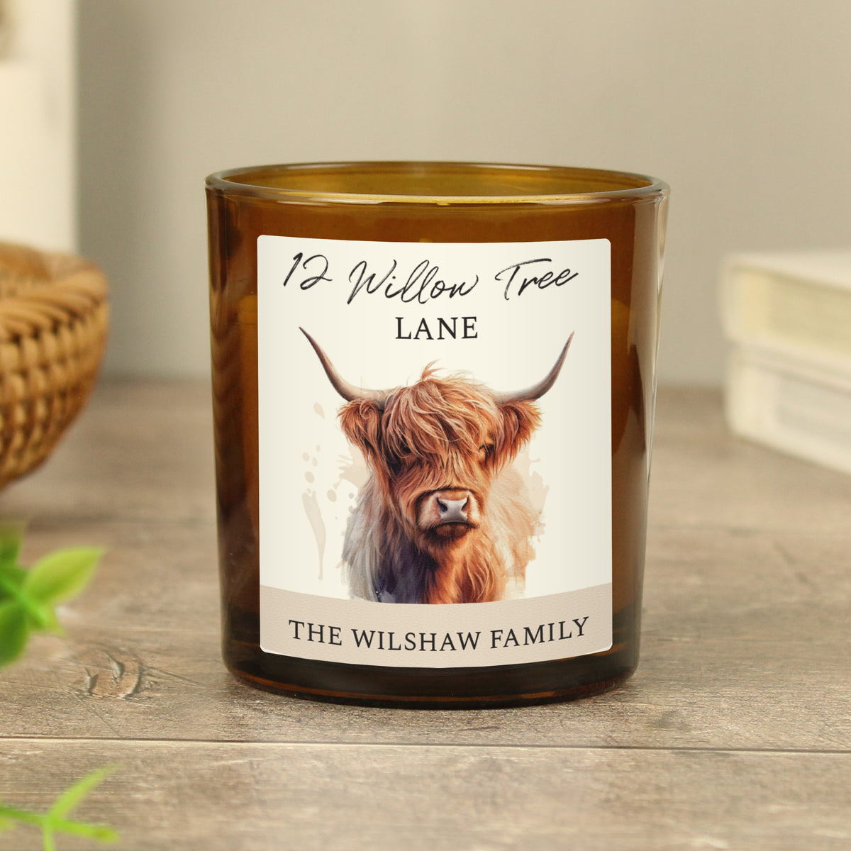 Personalised Highland Cow Amber Glass Vanilla Candle Jar | Custom Message Gift for Any Occasion - Artfully Curated Creations and identify whats in the image