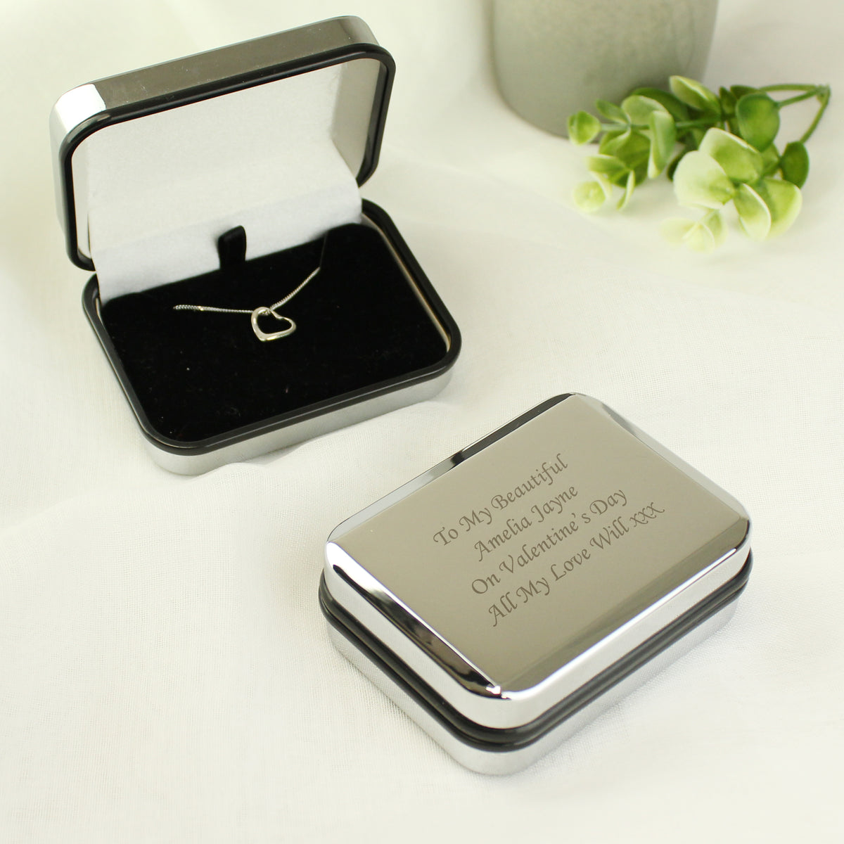 Personalised Sterling Silver Heart Necklace | Engraved Gift Box for Birthdays, Weddings & Mother’s Day - Artfully Curated Creations and identify whats in the image