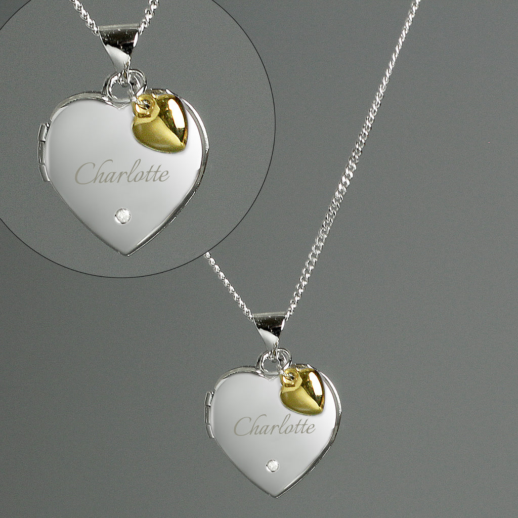 Personalised Sterling Silver & Gold Plated Diamond Heart Locket | Engraved Name & Photo Keepsake Necklace