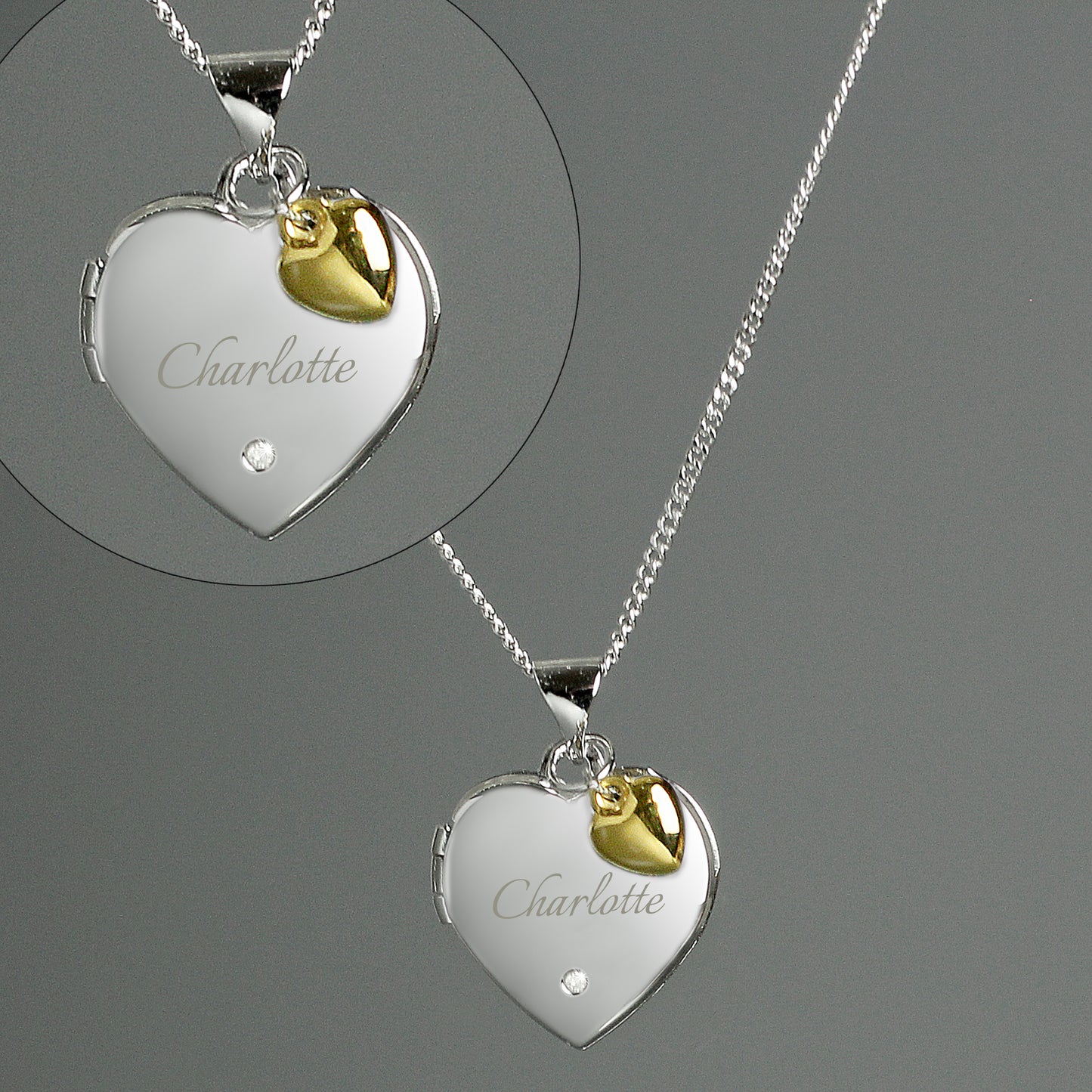 Personalised Sterling Silver & Gold Plated Diamond Heart Locket | Engraved Name & Photo Keepsake Necklace - Artfully Curated Creations and identify whats in the image