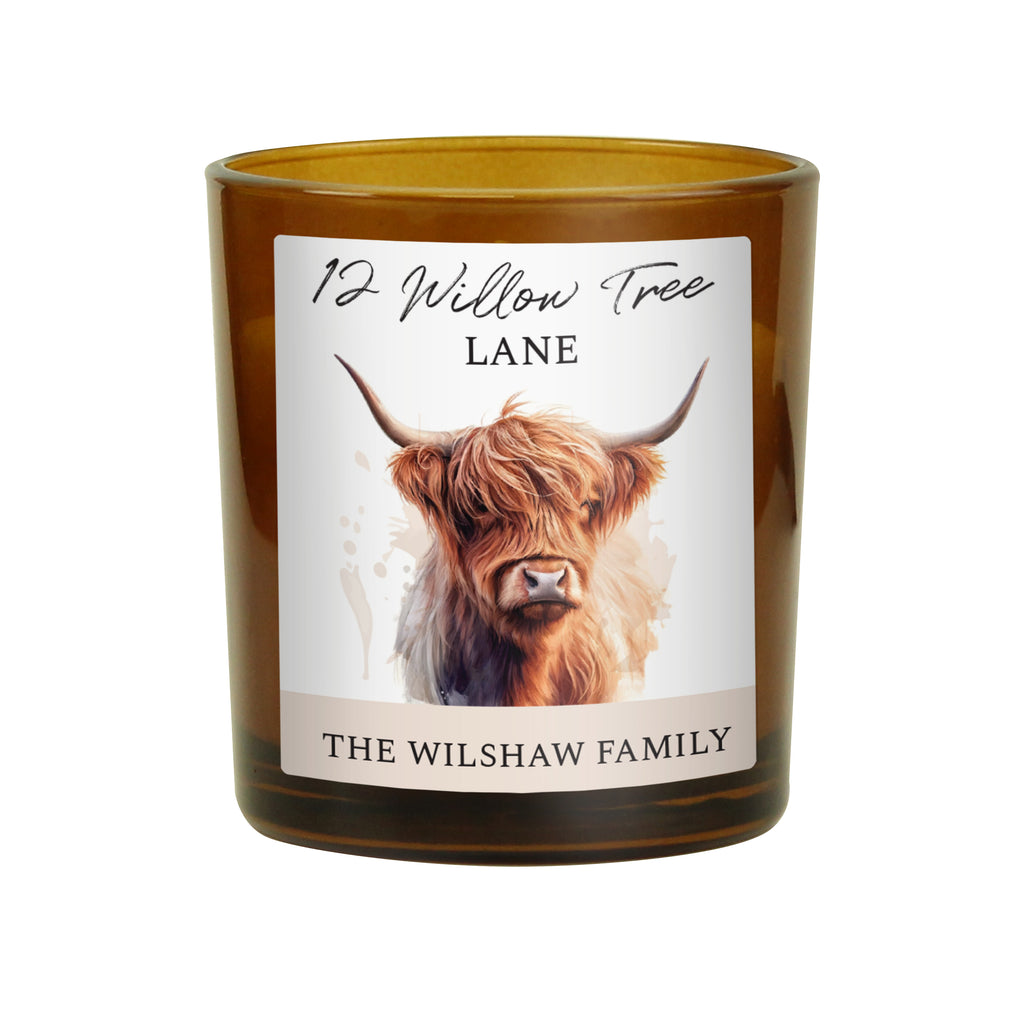 Personalised Highland Cow Amber Glass Vanilla Candle Jar | Custom Message Gift for Any Occasion
