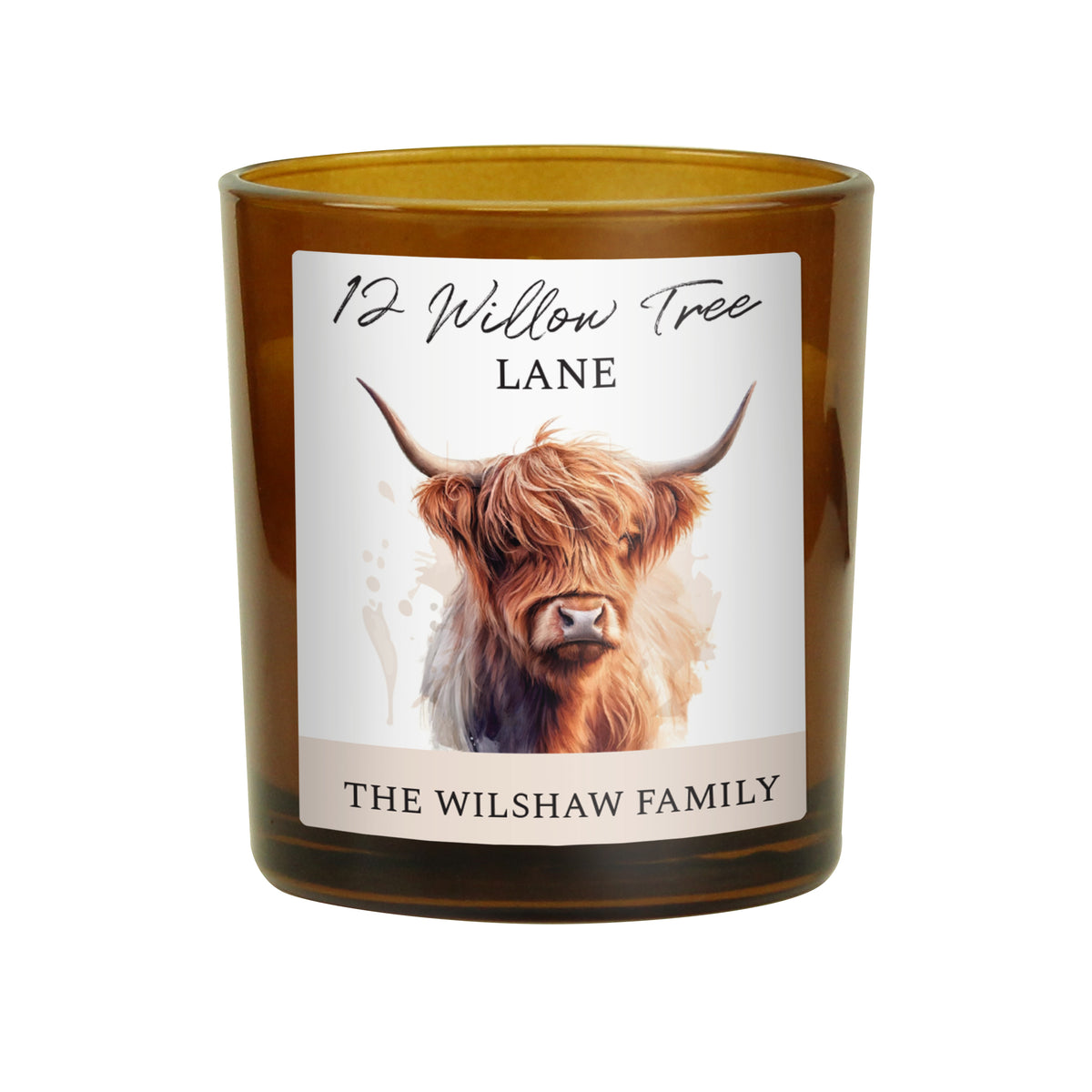 Personalised Highland Cow Amber Glass Vanilla Candle Jar | Custom Message Gift for Any Occasion - Artfully Curated Creations and identify whats in the image