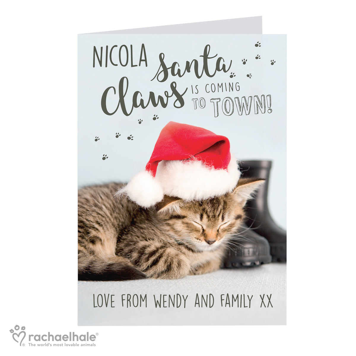 Personalised Rachael Hale “Santa Claws” Christmas Cat Card | The Purrfect Festive Surprise - Artfully Curated Creations and identify whats in the image