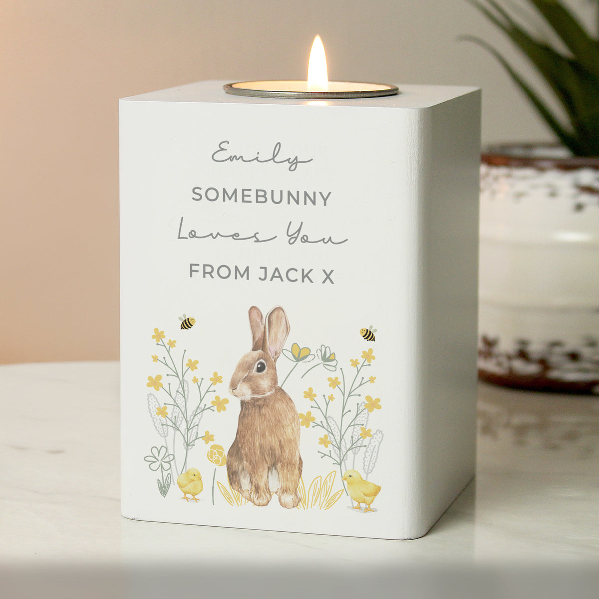 Personalised Spring Bunny Tealight Holder | Custom Wooden Spring Gift - Artfully Curated Creations and identify whats in the image