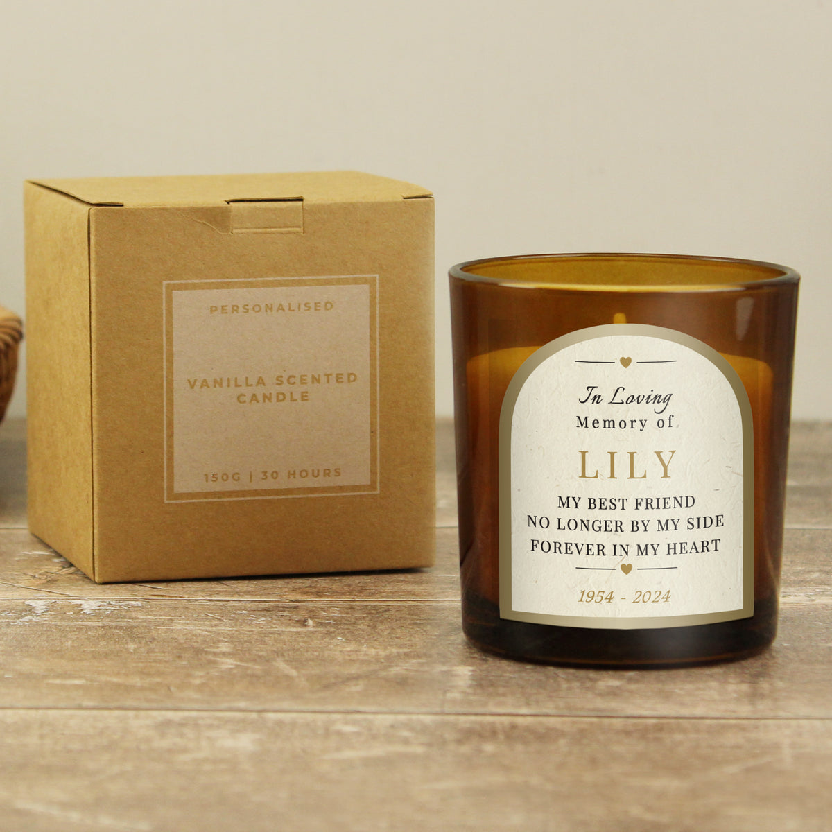 Personalised In Loving Memory Amber Glass Candle | A Comforting Memorial Keepsake - Artfully Curated Creations and identify whats in the image