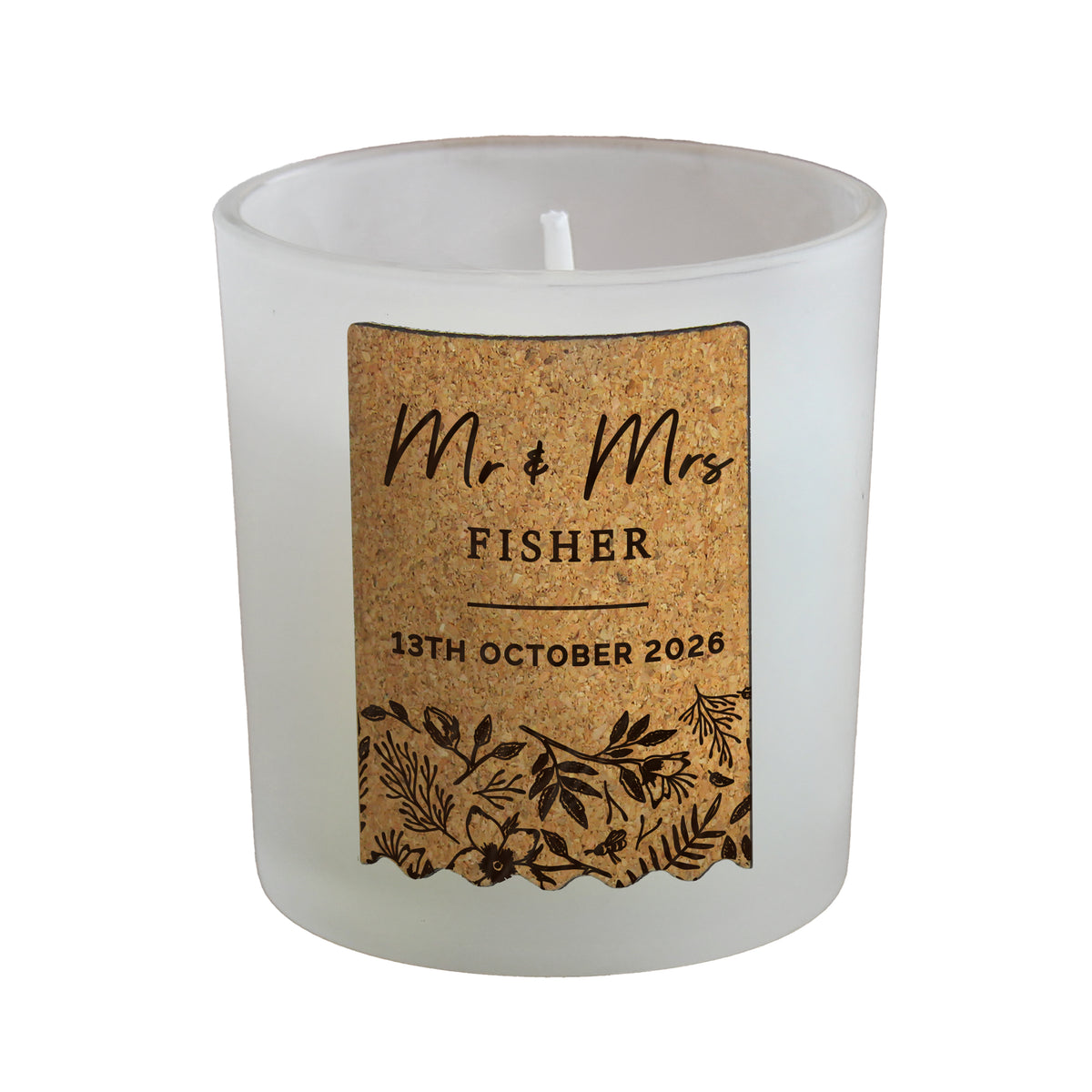 Personalised Wedding Cork Label Vanilla Candle |  Custom Keepsake Gift for Newlyweds - Artfully Curated Creations and identify whats in the image
