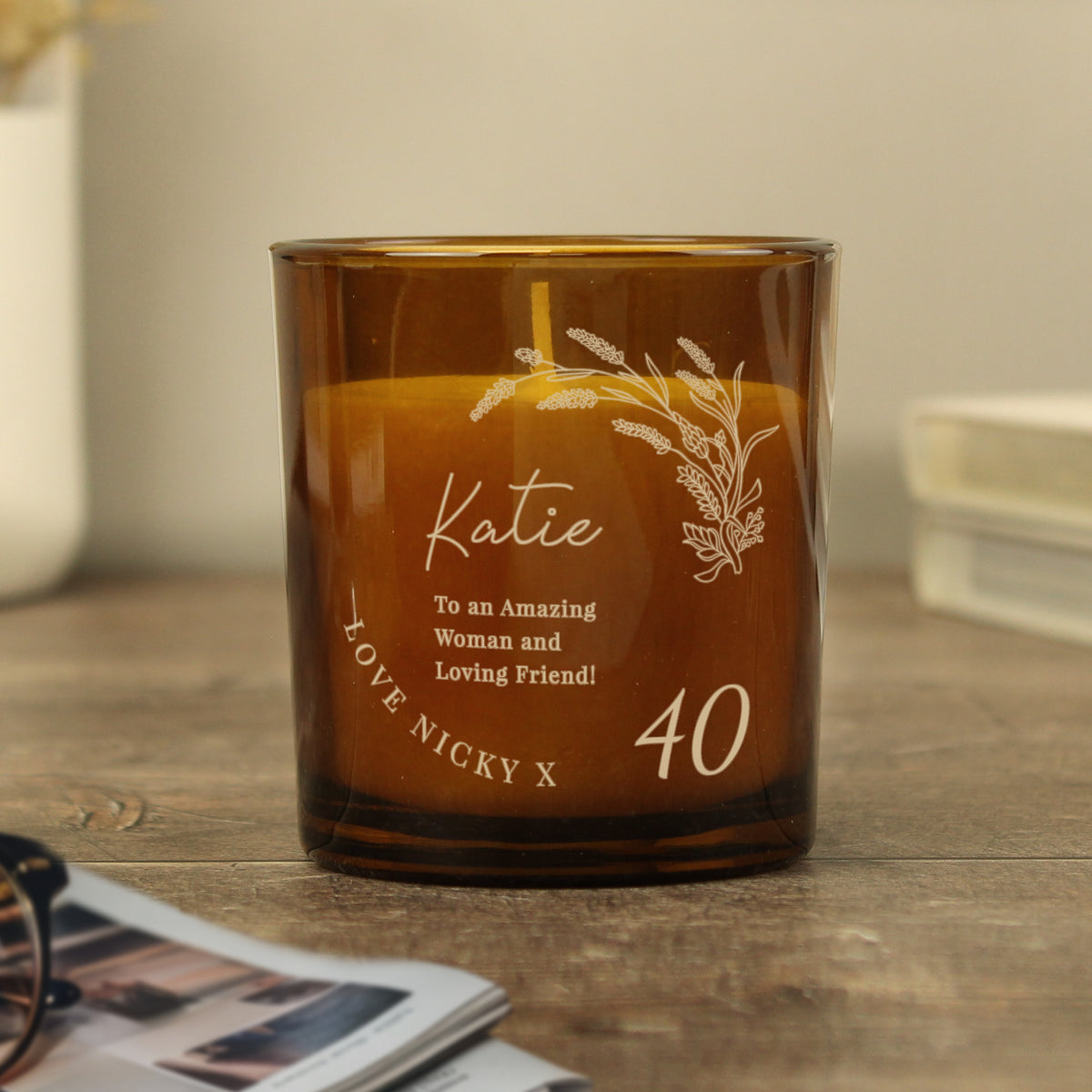 Personalised Amber Glass Vanilla Candle Jar | Birthday Keepsake Gift - Artfully Curated Creations and identify whats in the image
