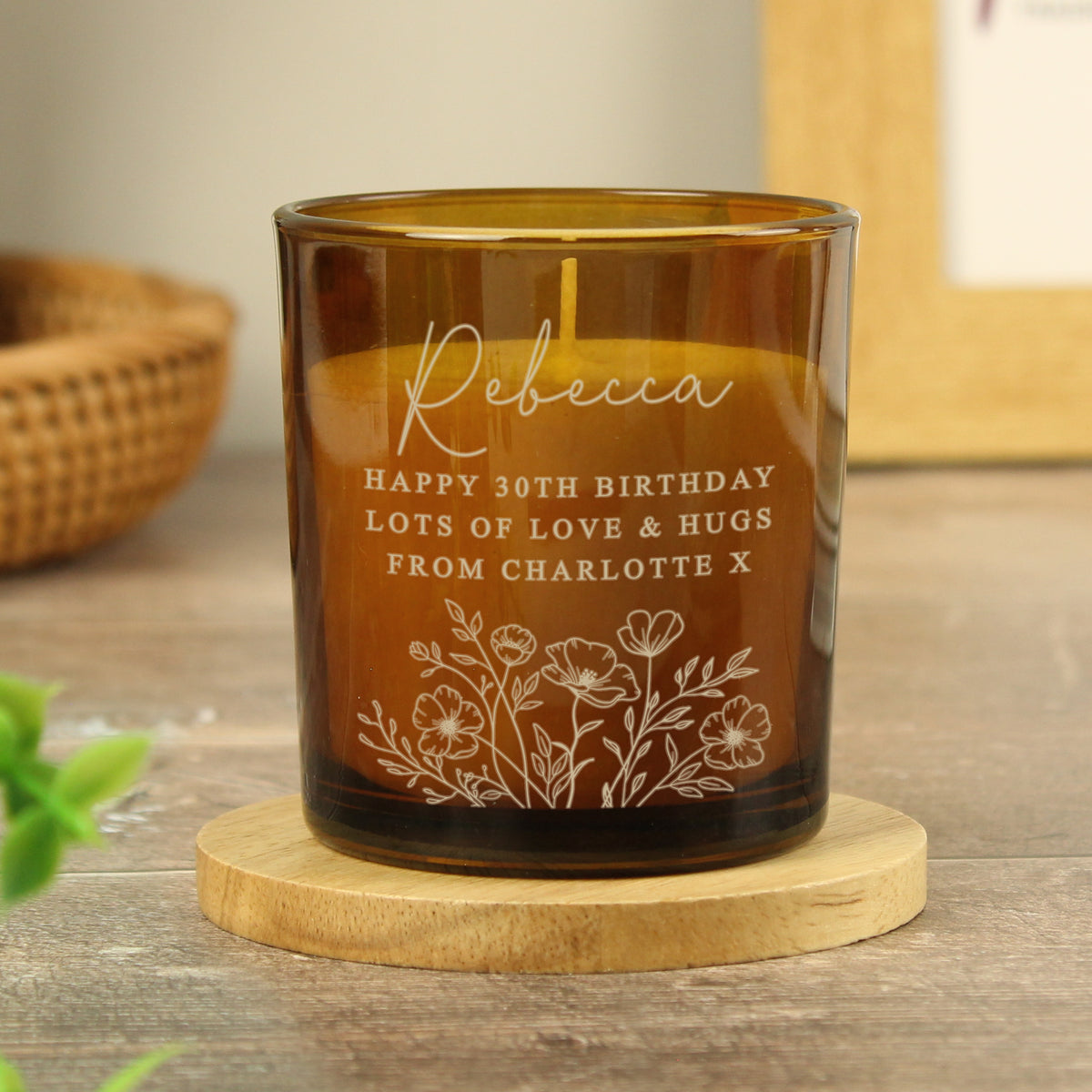 Personalised Floral Amber Glass Vanilla Candle Jar | Custom Message Gift for Any Occasion - Artfully Curated Creations and identify whats in the image