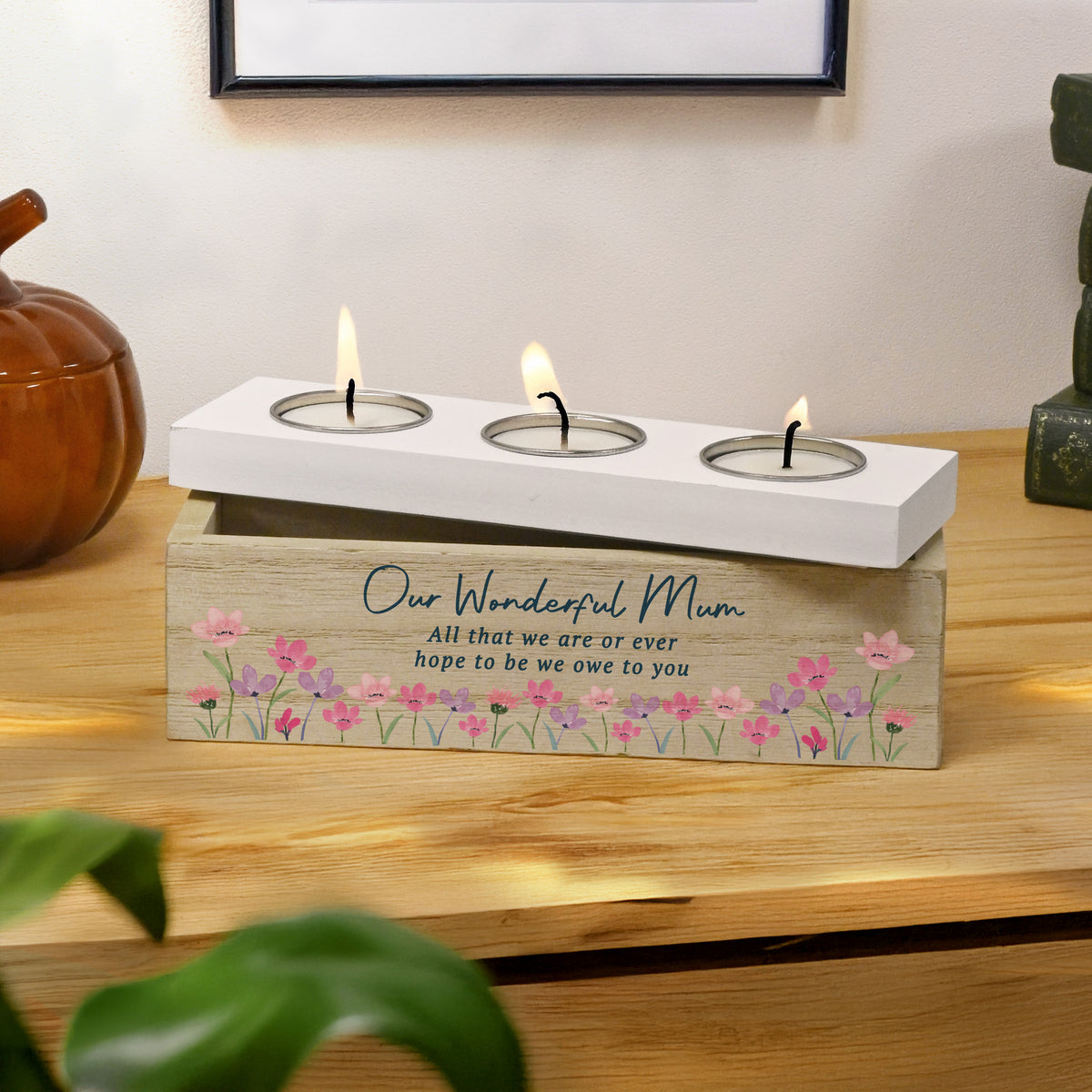 Personalised Shabby Chic Floral Tea Light Box | Custom Message Wooden Gift - Artfully Curated Creations and identify whats in the image