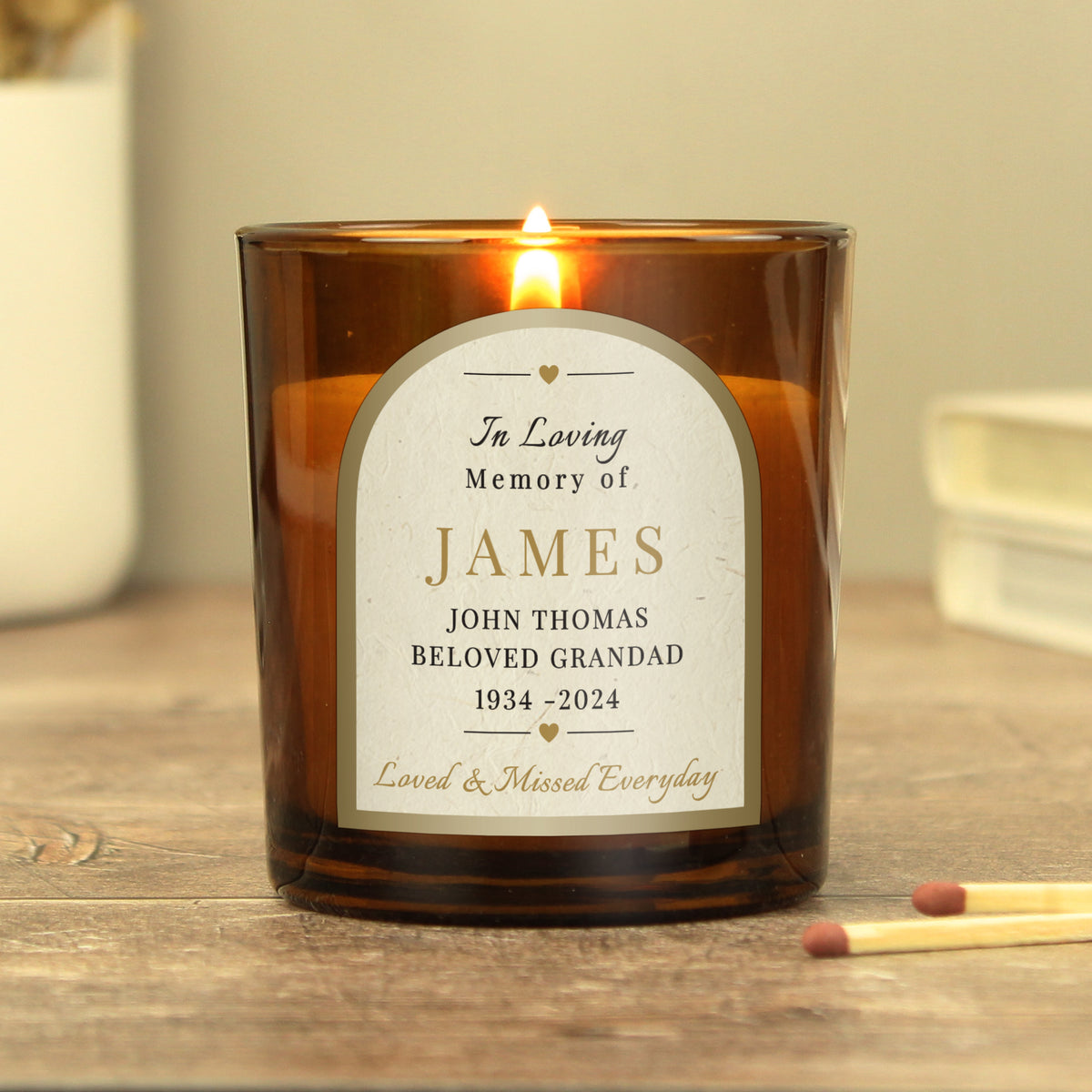 Personalised In Loving Memory Amber Glass Candle | A Comforting Memorial Keepsake - Artfully Curated Creations and identify whats in the image