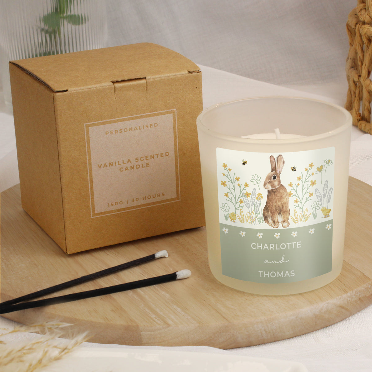 Personalised Spring Bunny Vanilla Candle Jar | Custom Seasonal Gift - Artfully Curated Creations and identify whats in the image