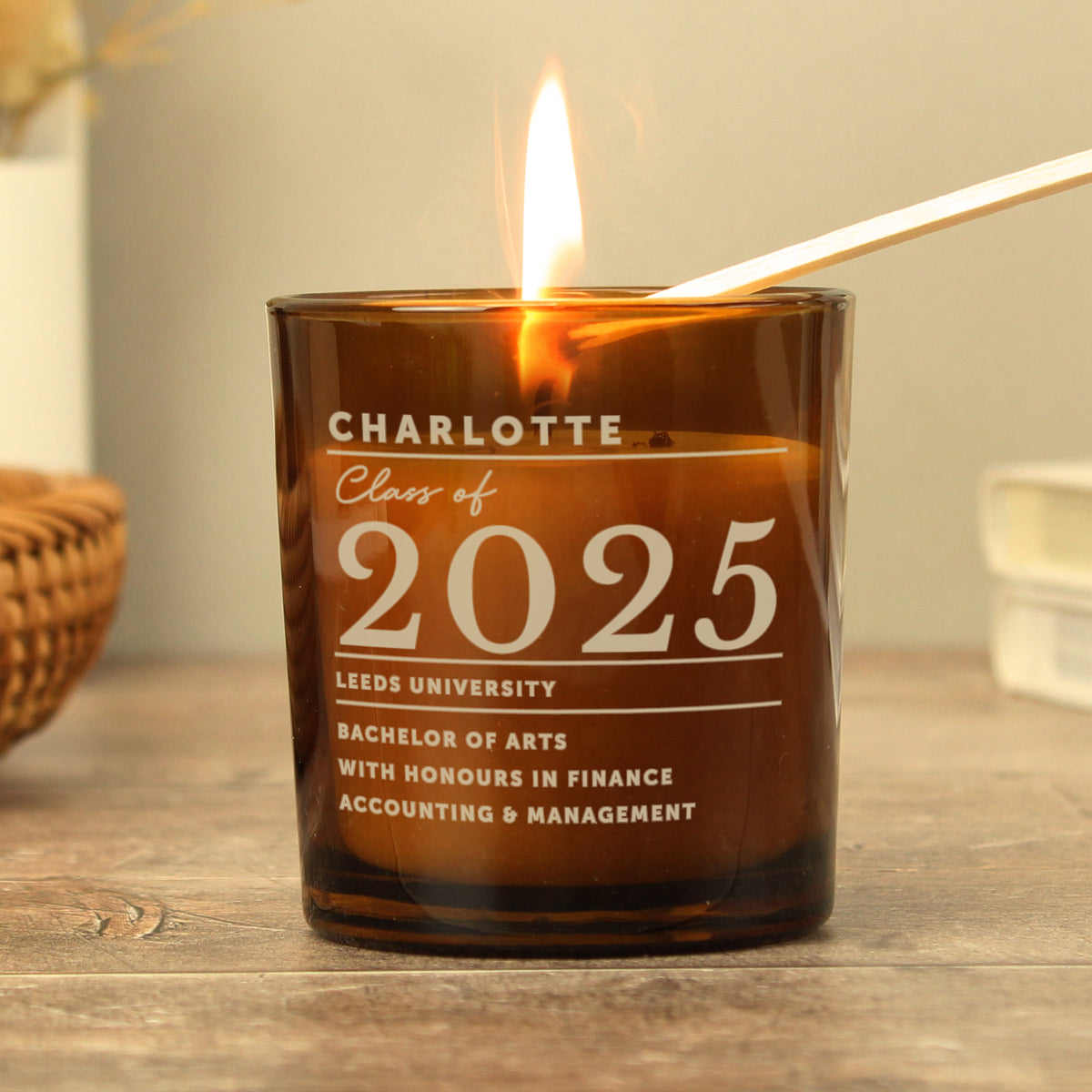 Personalised Amber Glass Vanilla Candle Jar | Graduation Keepsake Gift - Artfully Curated Creations and identify whats in the image