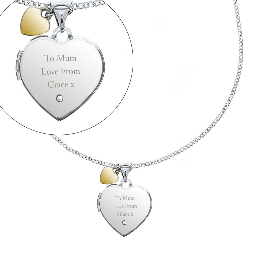 Personalised Sterling Silver & Gold Plated Diamond Heart Locket | Engraved Name & Photo Keepsake Necklace