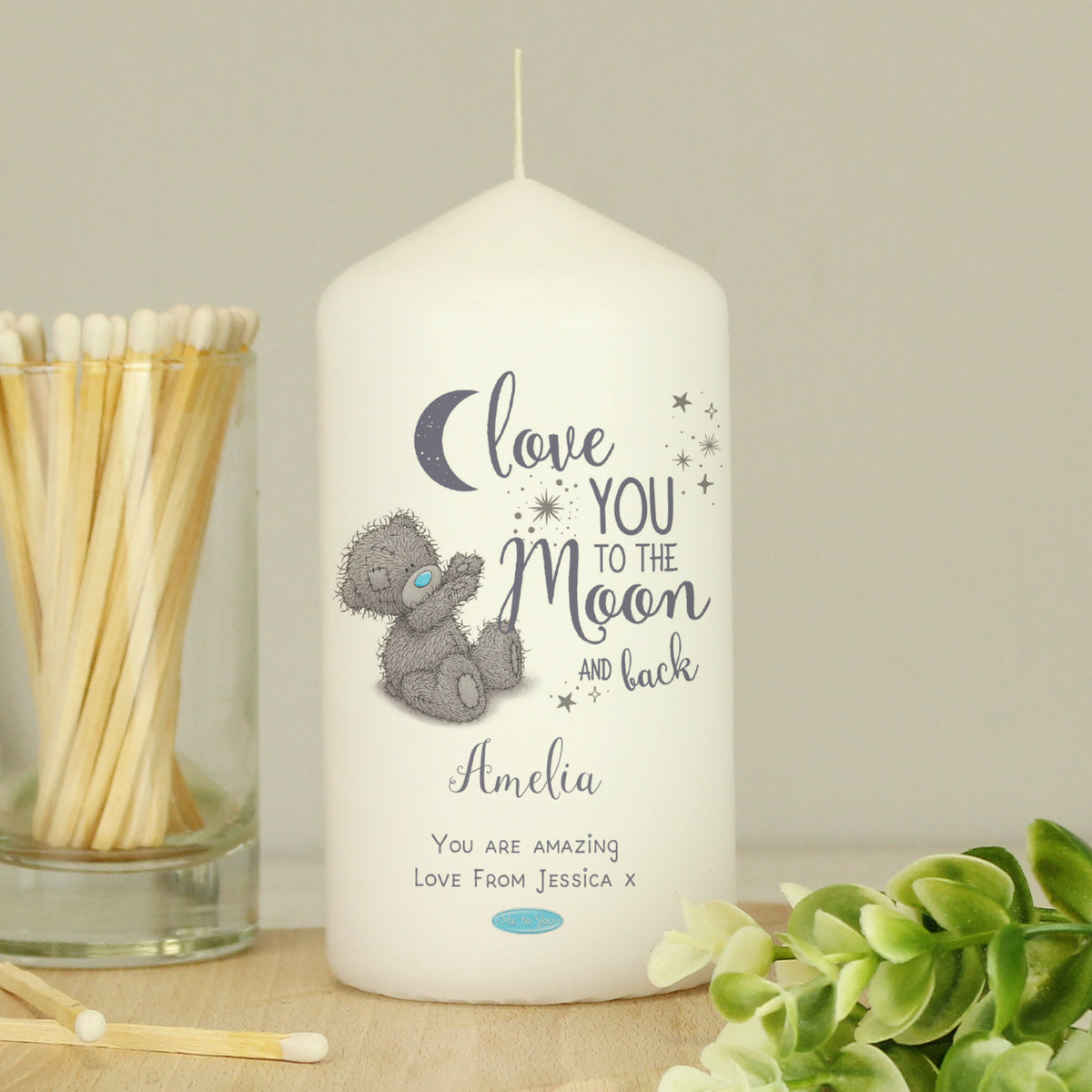 Me to You ‘Love You to the Moon and Back’ Personalised Pillar Candle - Artfully Curated Creations and identify whats in the image