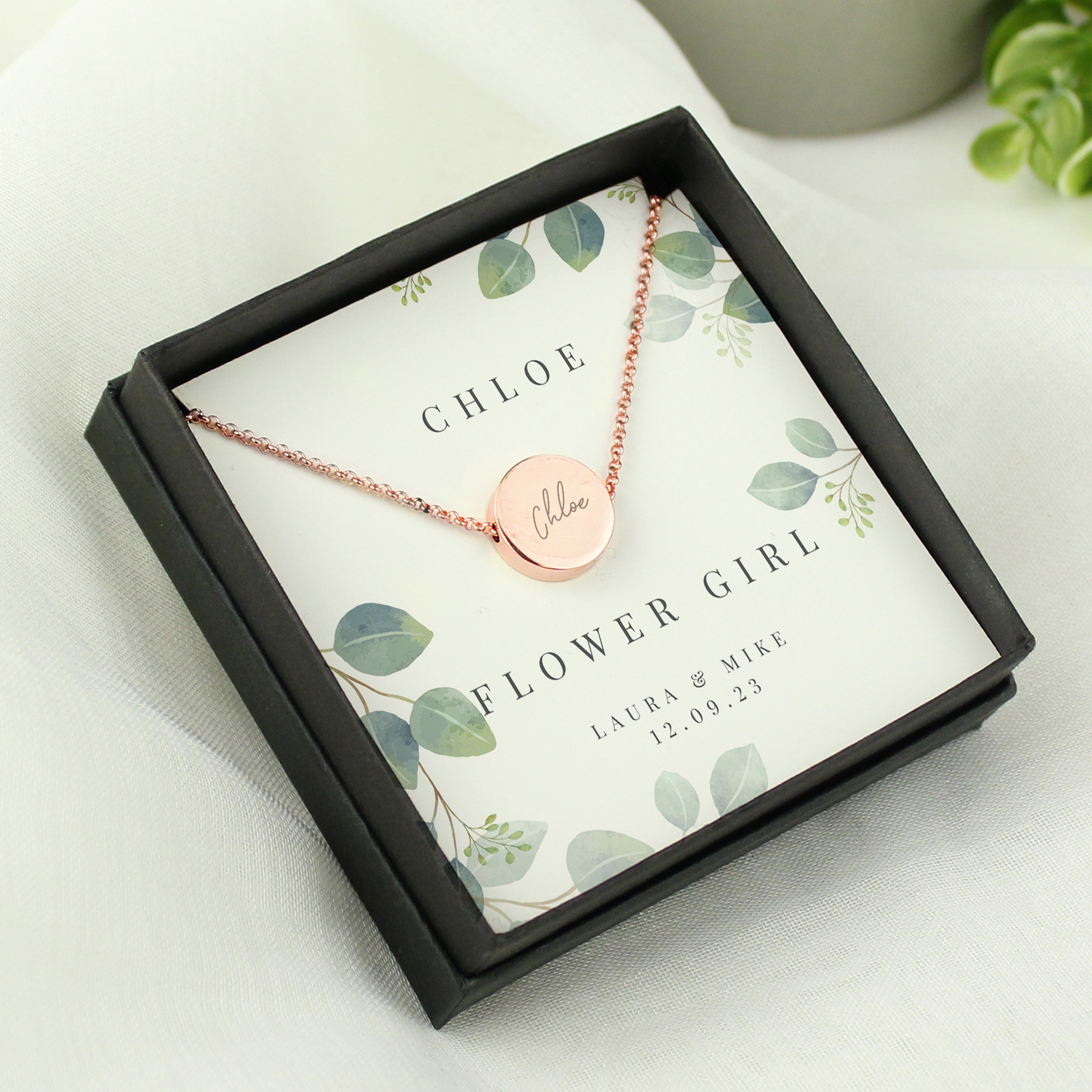 Personalised Disc Necklace|  Engraved Gift Box for Bridesmaids, Weddings & Special Occasions