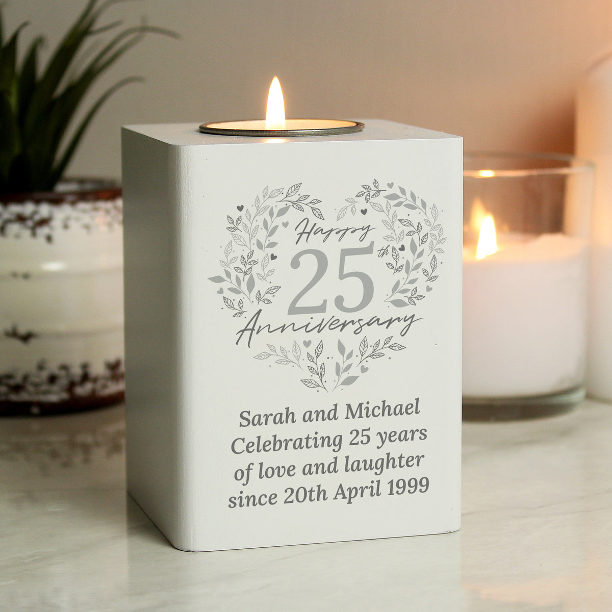Personalised 25th Anniversary Tealight Holder | Silver Anniversary Keepsake - Artfully Curated Creations and identify whats in the image