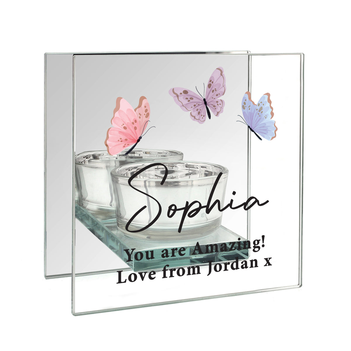 Personalised Butterfly Glass Tea Light Holder | Custom Message Gift for Mother’s Day & Birthdays - Artfully Curated Creations and identify whats in the image